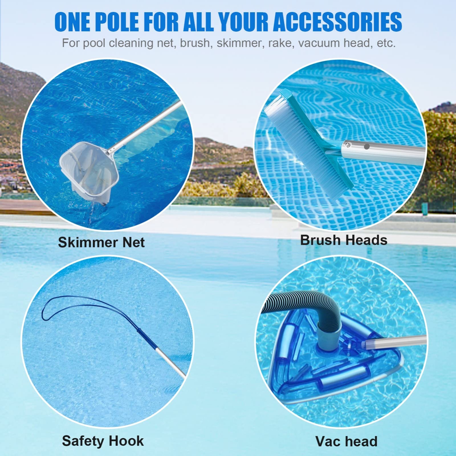 16ft Telescopic Aluminum Pool Cleaning Pole – Attach Skimmer Nets, Rakes & Brush