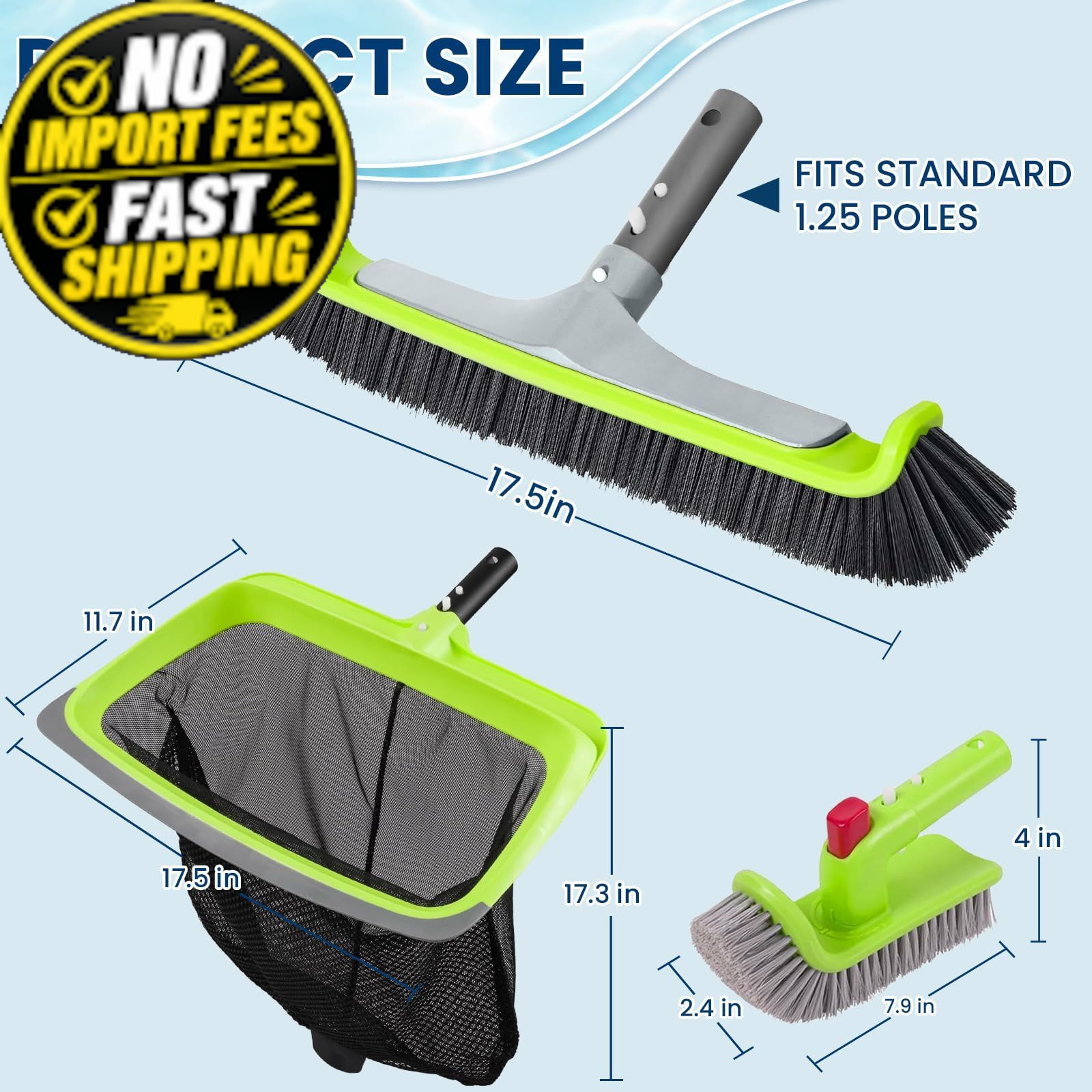 Sepetrel 3-Piece Pool Cleaning Kit (No Pole), 17.5&Prime; Aluminum Wall Green