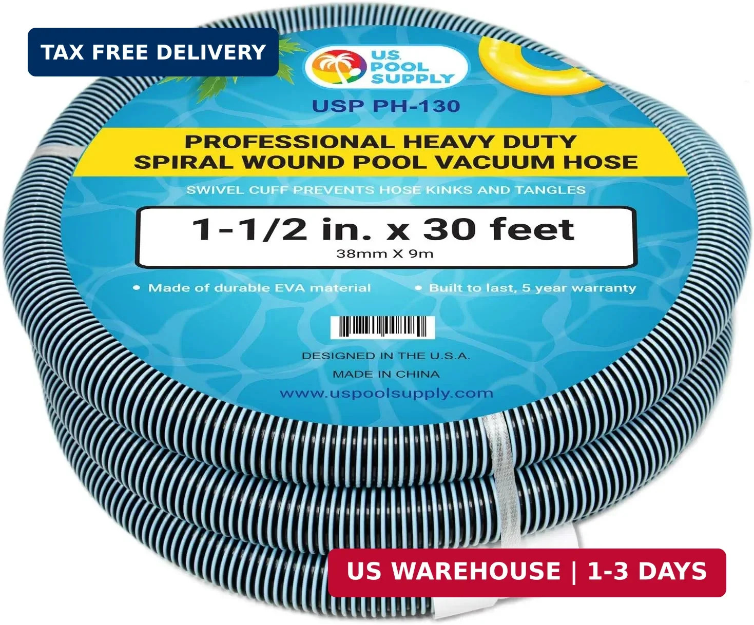 U.S. Pool Supply Pool Vacuum Hose – 1-1/2&Prime; x 30&prime; Professional Heavy Duty Pool Ho