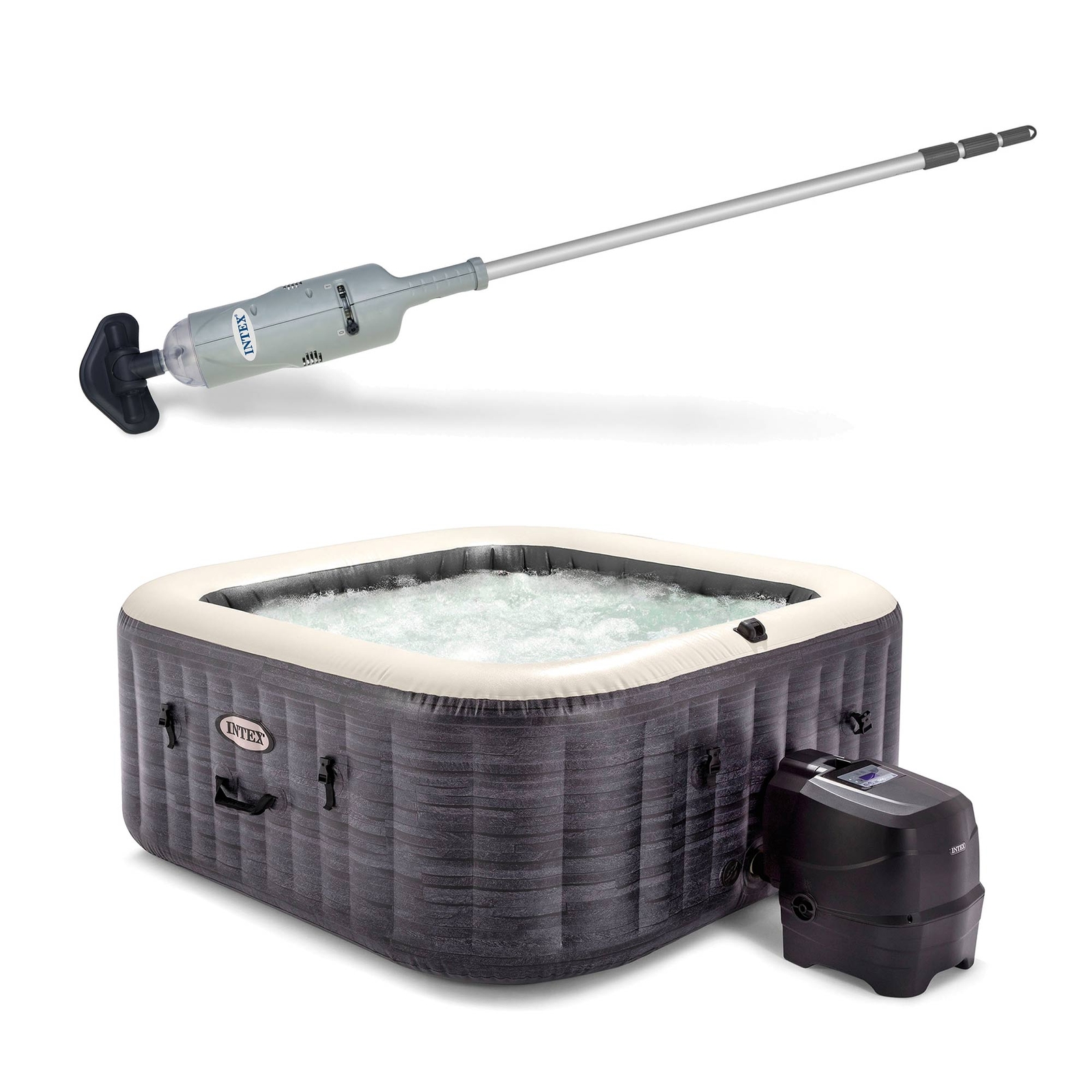 Intex Handheld Pool Vacuum w/PureSpa Plus 4 Person Inflatable Hot Tub, Greystone