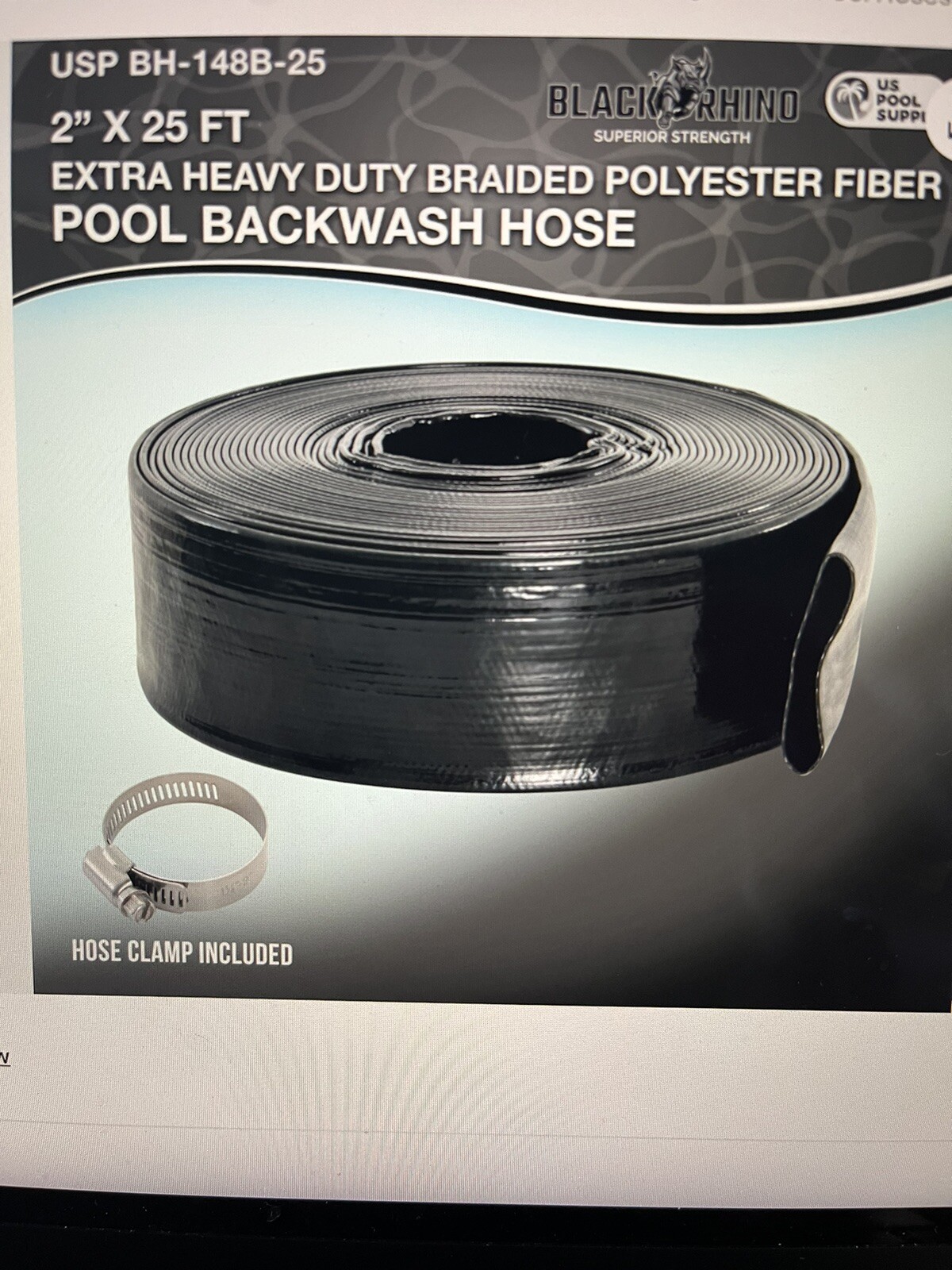Pool Backwash Hose Black Rhino 2”x 25’ Heavy Duty Reinforced w Clamp Brand New!