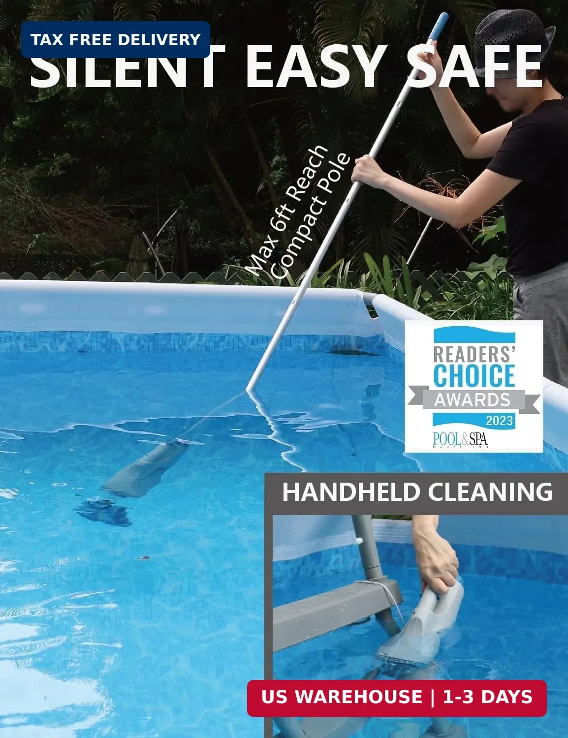 KOKIDO Cordless Handheld Pool Vacuum for Above Ground Pool, with 6ft Pole and 2
