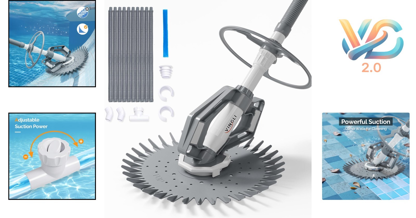 Light Gray Above Ground Pool Vacuum Cleaner 33FT Hoses Suction Powered