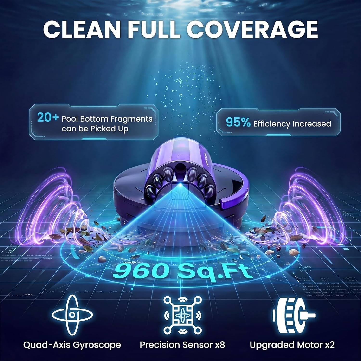 High-Power Cordless Pool Cleaner – Self-Parking and 100 Min Operation, 960 sq.ft