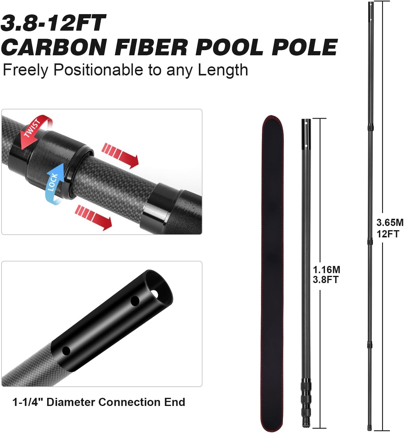 15FT Carbon Fiber Telescopic Pool Pole – Heavy Duty Cleaning & Skimming Tool