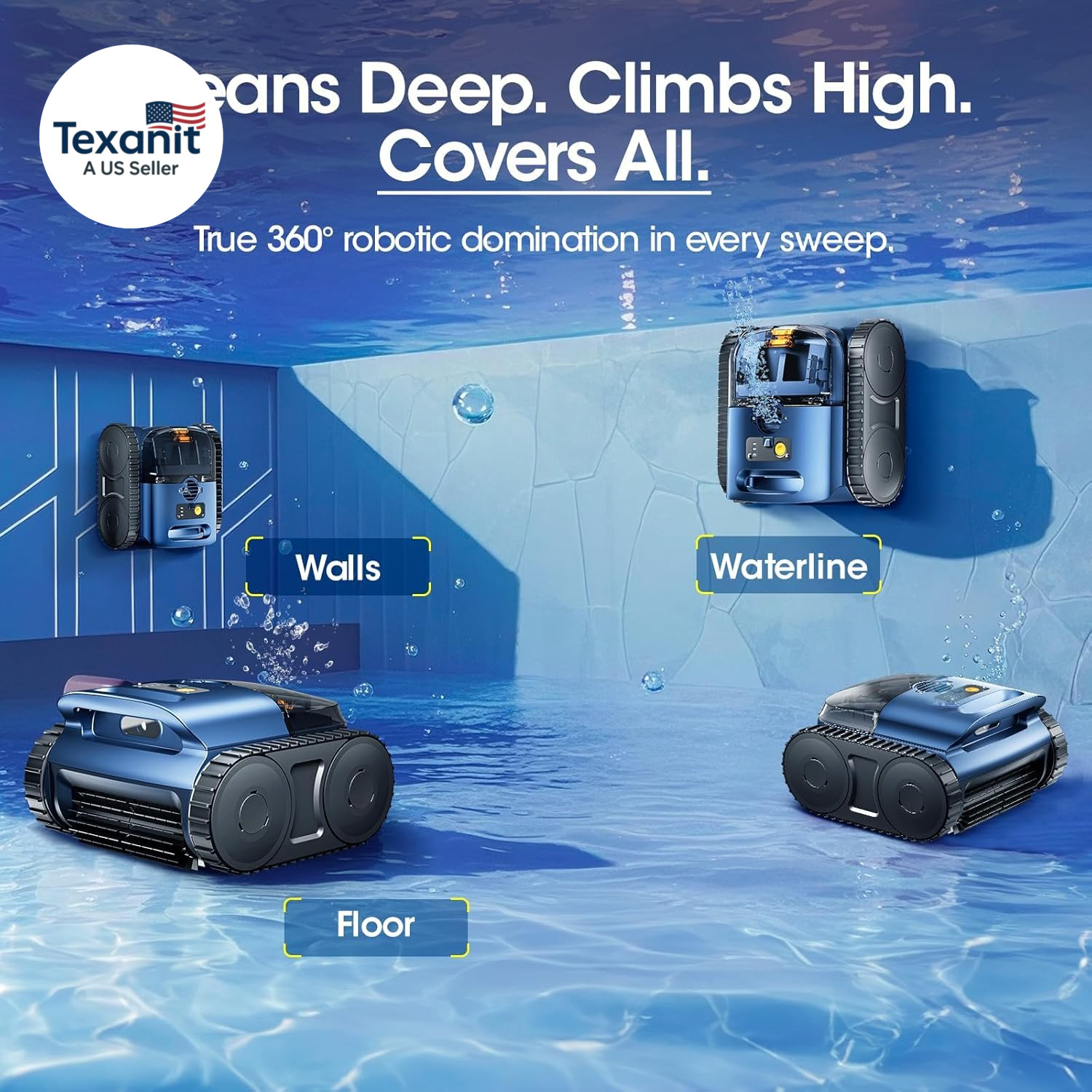 RERIOU Cordless Robotic Pool Vacuum, Pool Cleaner with Track Drive, Sonar Naviga