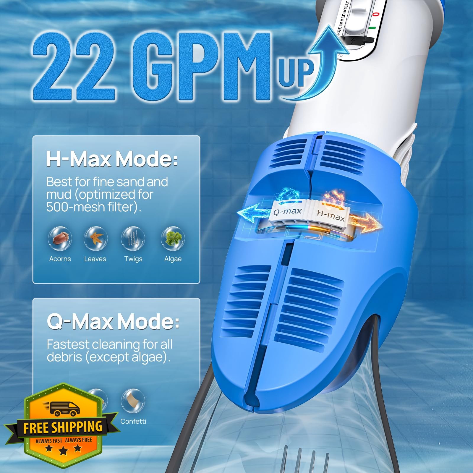 Consciot Pool Vacuum Blue White 22 GPM Telescopic Pole