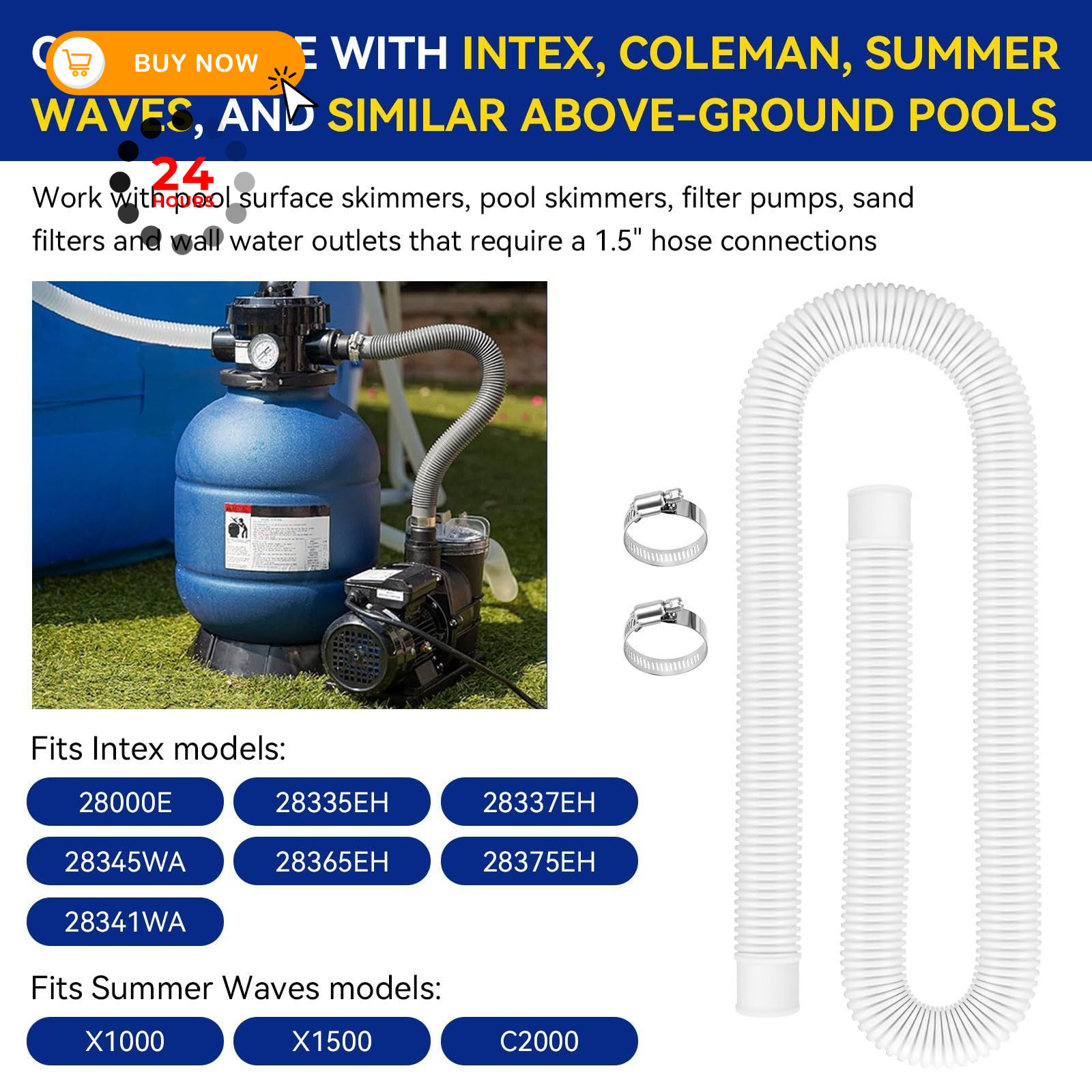Pool Hoses for Above Ground Pools 1.5&Prime; Diameter 1.5 inches x 59 inches, White