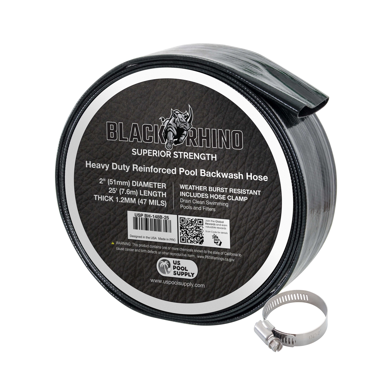 U.S. Pool Supply Black Rhino 2&Prime; x 25&prime; Pool Backwash Hose with Hose Clamp