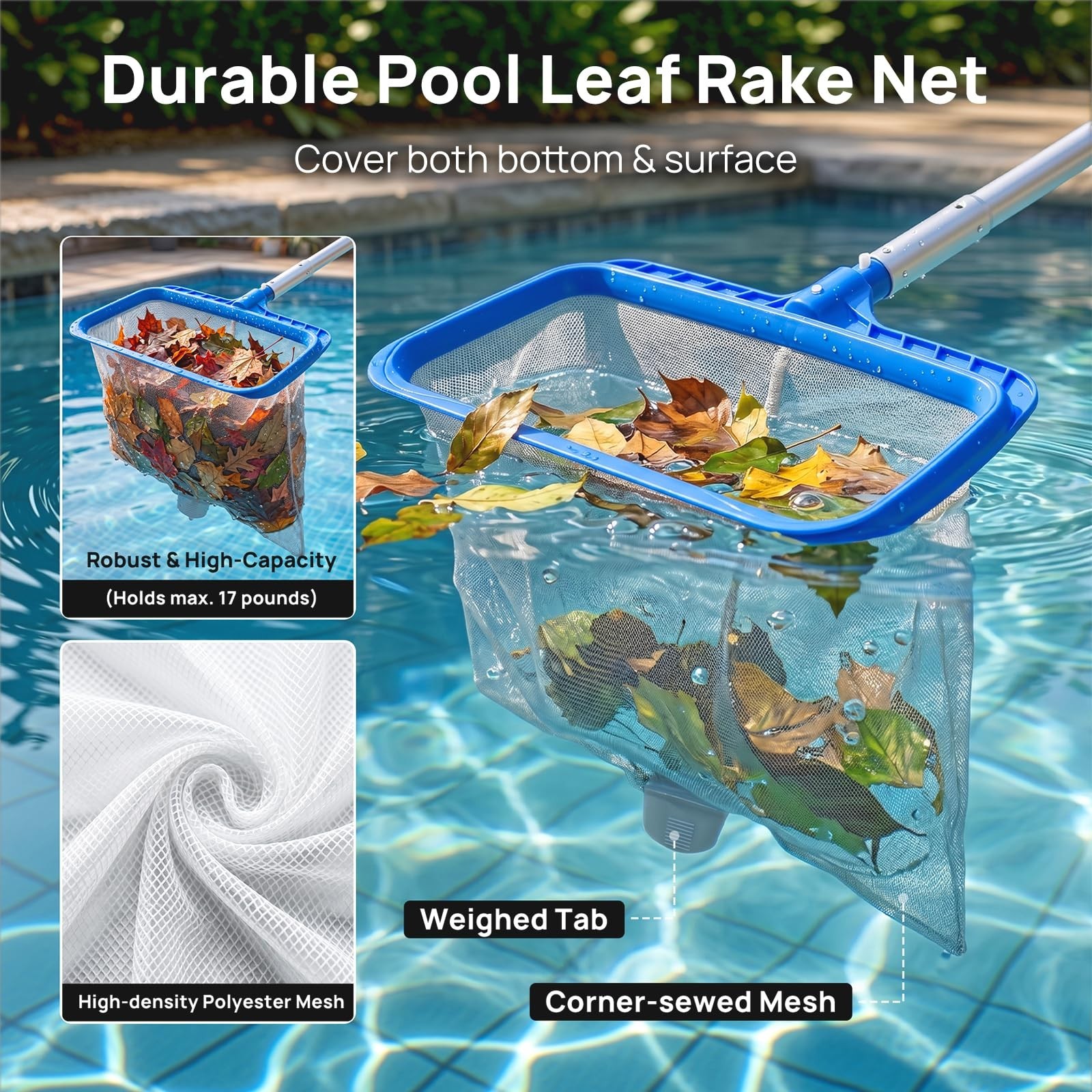 3-in-1 Pool Cleaning Kit – Leaf Rake, Wall Brush & Pole for Easy Maintenance – A