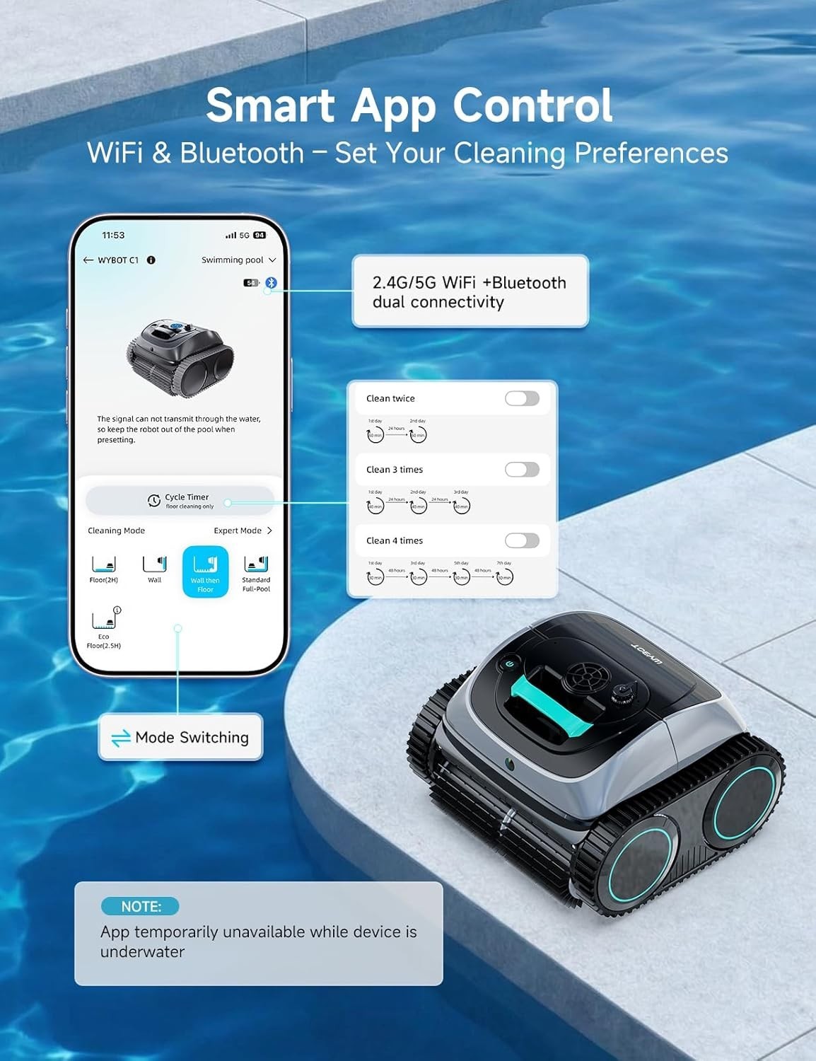 WYBOT C1 Cordless Robotic Pool Cleaner w/ App Support