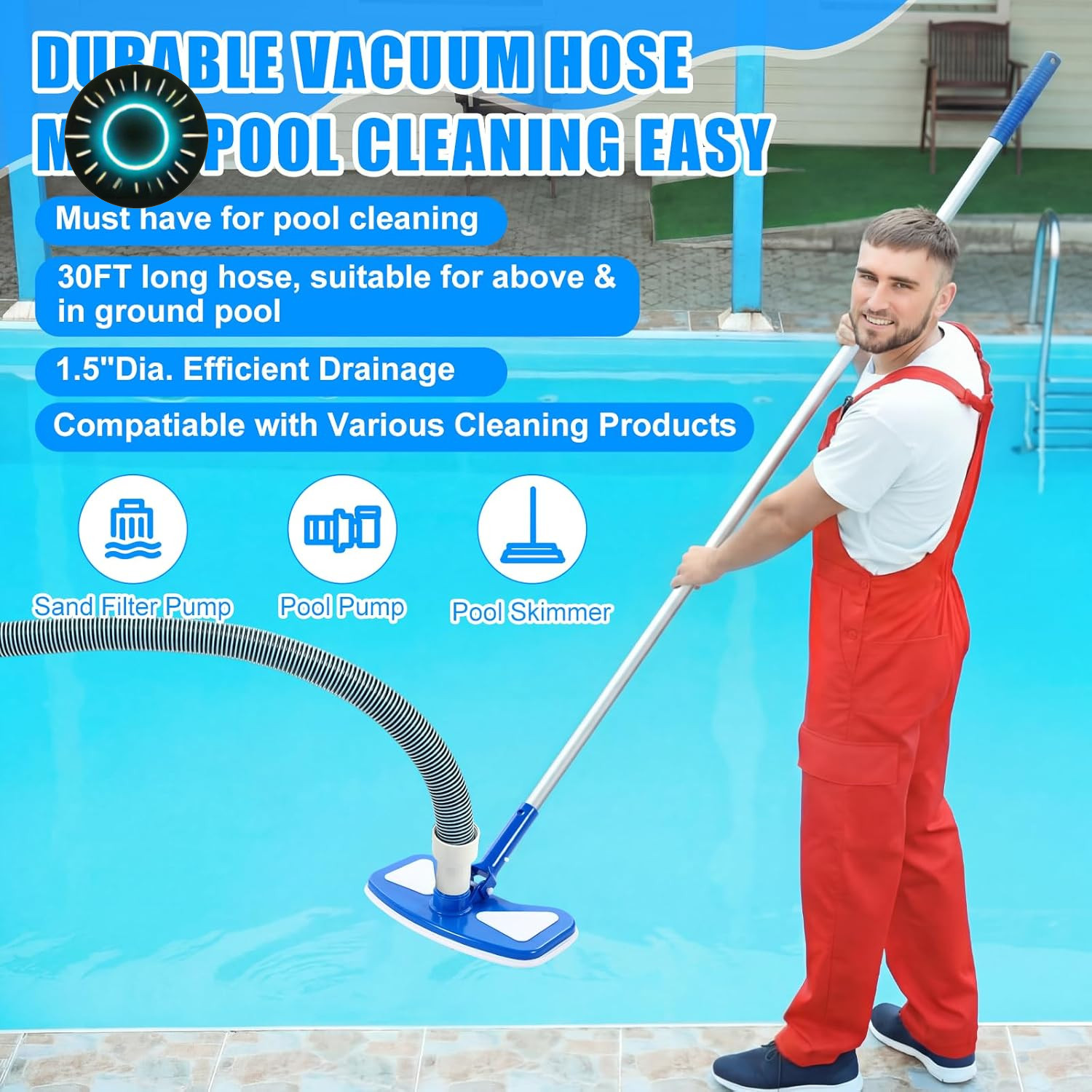4 Pcs Swimming Pool Vacuum Kits 11.8&Prime; Vacuum Head with 1-1/2&Prime; X 29.5 Ft Hoses 1