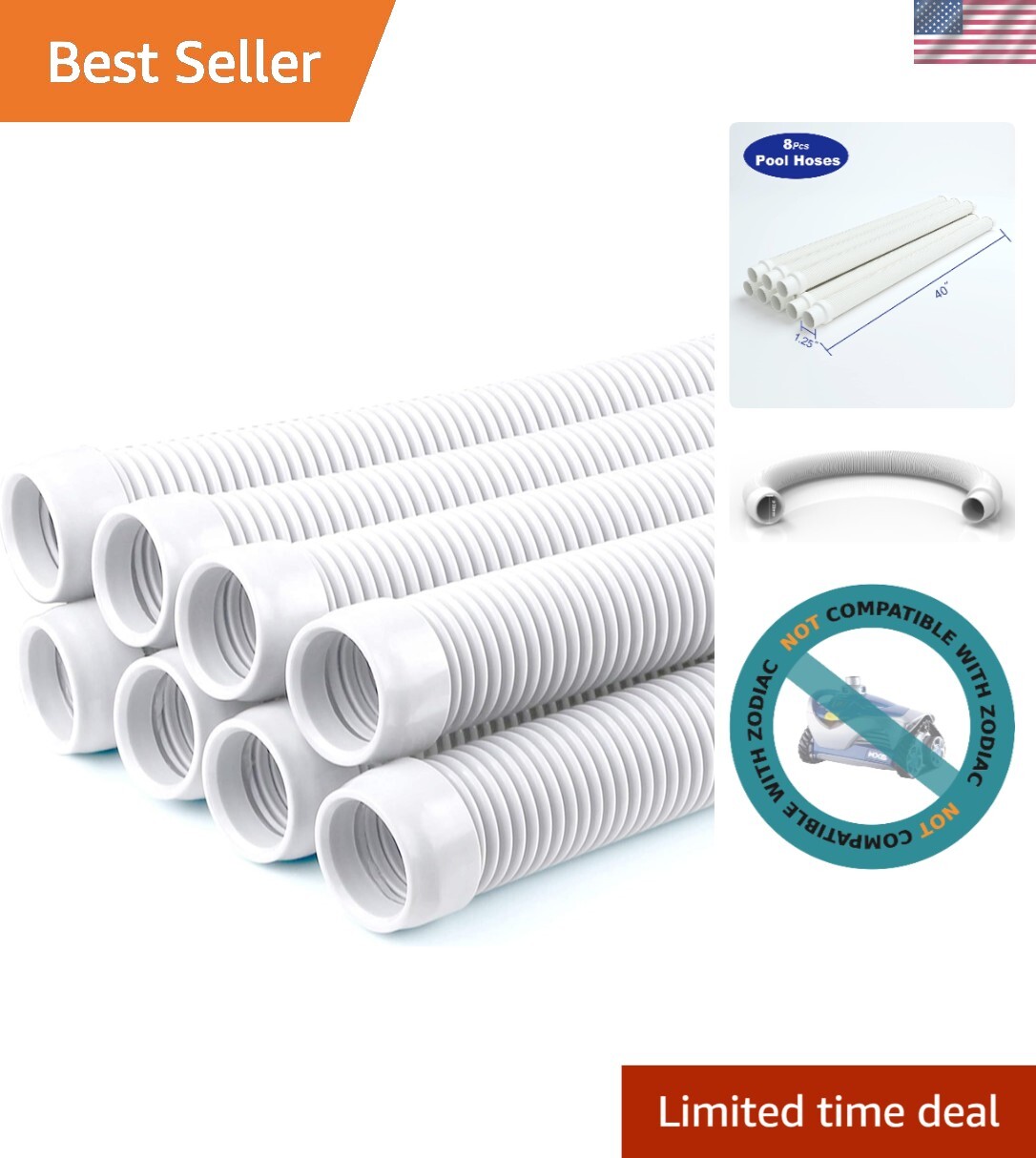 Effortless Pool Cleaning with 8 Durable 1.5” Vacuum Hoses – Flexible Design