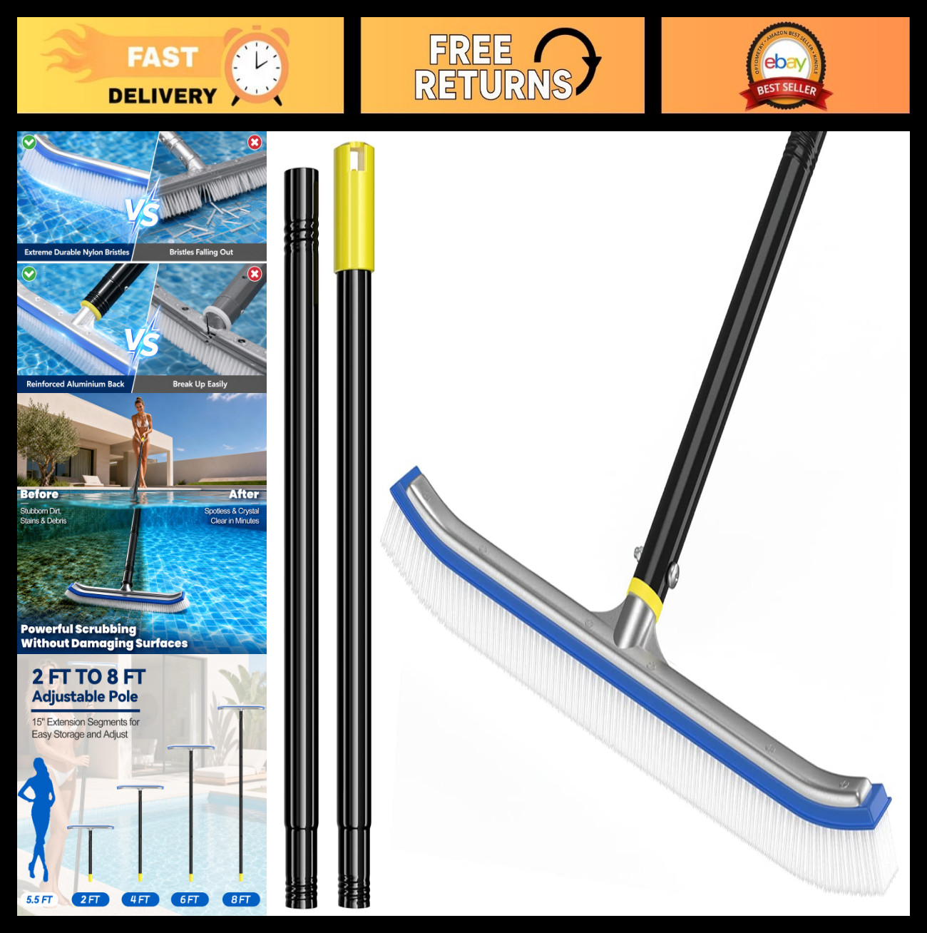 8ft Pool Brush with Pole – 18&Prime; Nylon Bristle Scrubber for Above/Inground Pools