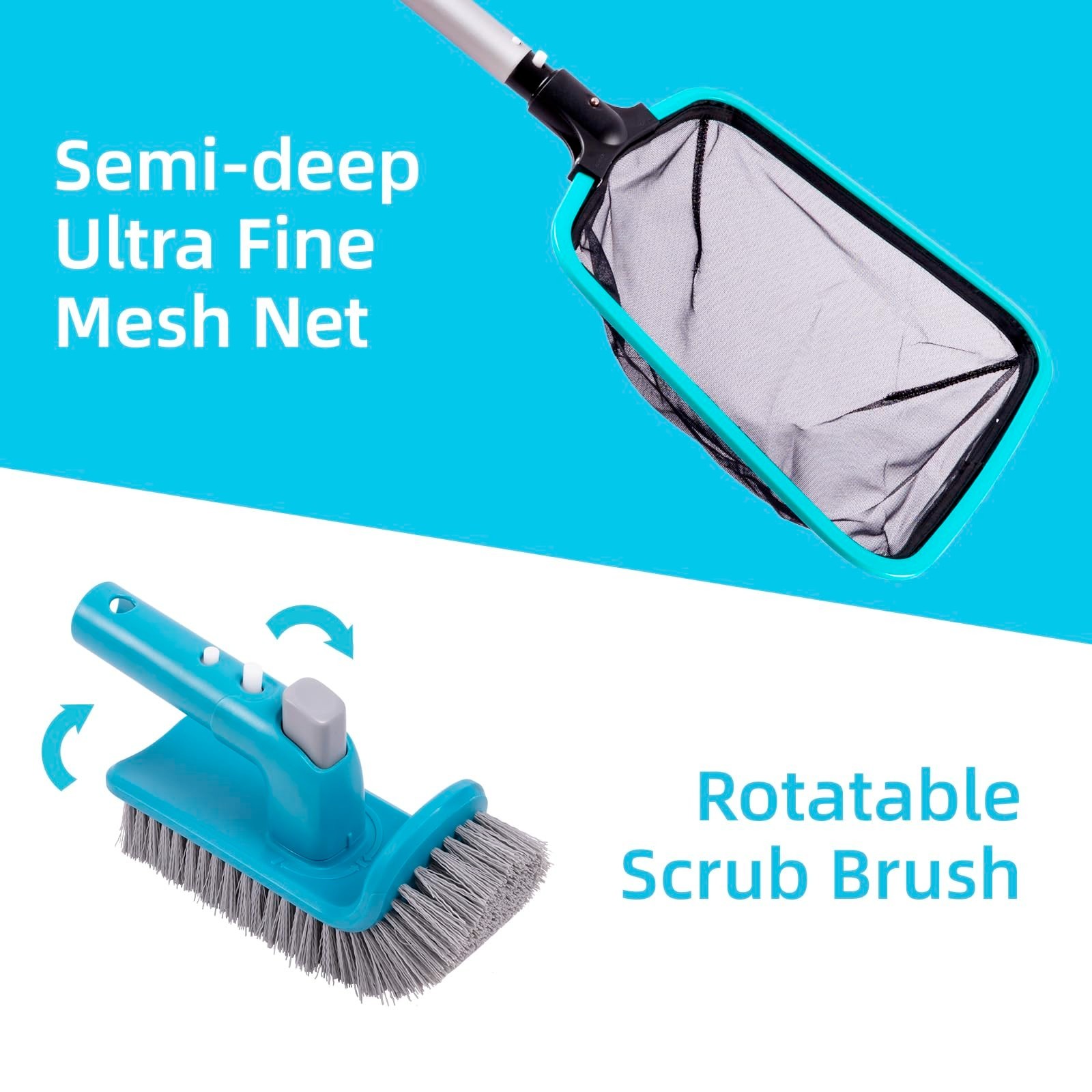 4-Piece Pool Cleaning Kit – Curved Wall Brush, Hand Scrubber, Leaf Rake & Skimme