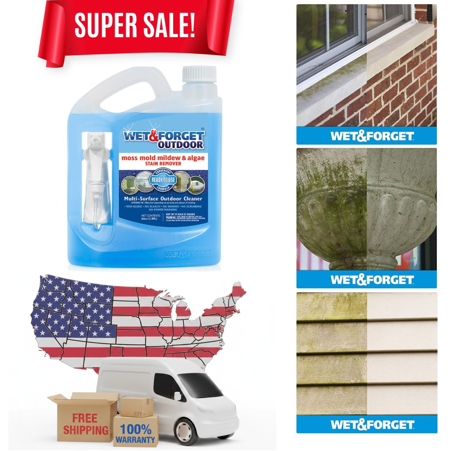 Effortless Outdoor Stain Remover – 64oz Cleaner for Moss and Mildew, Bleach-Free