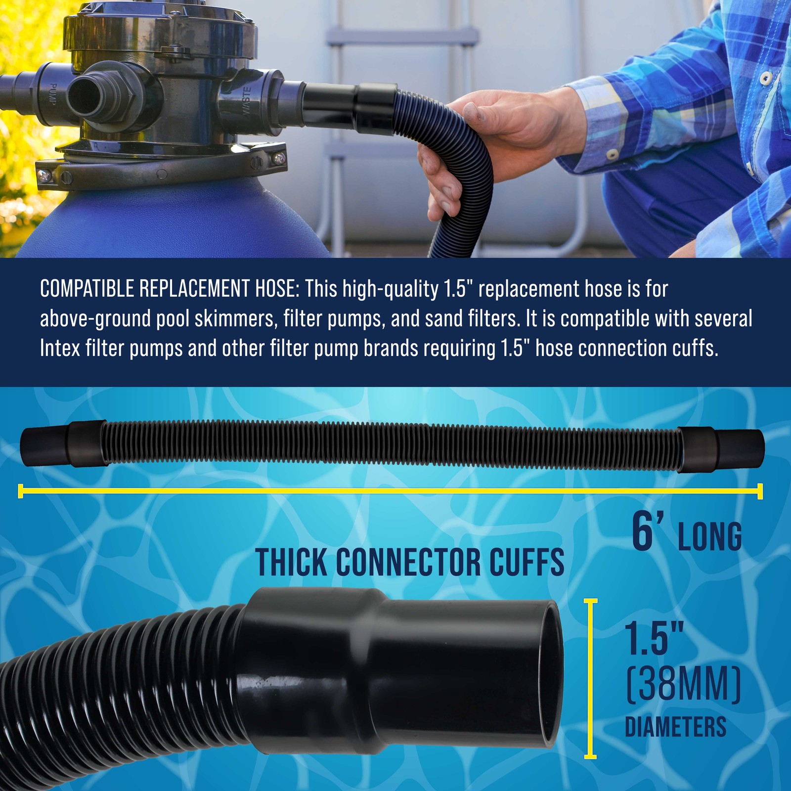 6 Foot Heavy-Duty Above Ground Pool Hose, 1.5&Prime; – Black Filter Connecting Hose