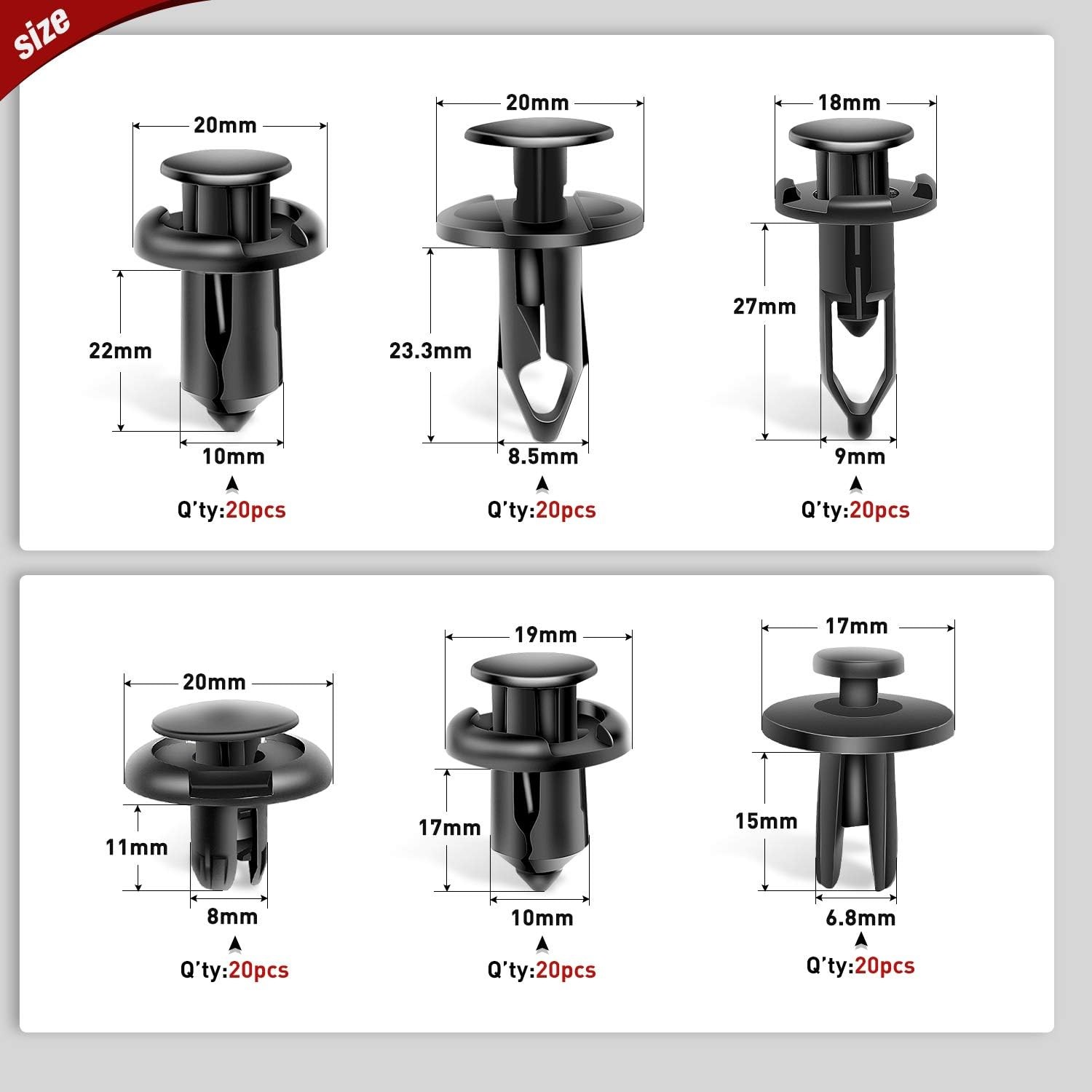 Car Retainer For GM Ford Toyota Honda Chrysler – 120 Clips 6.3mm 8mm 9mm 10mm