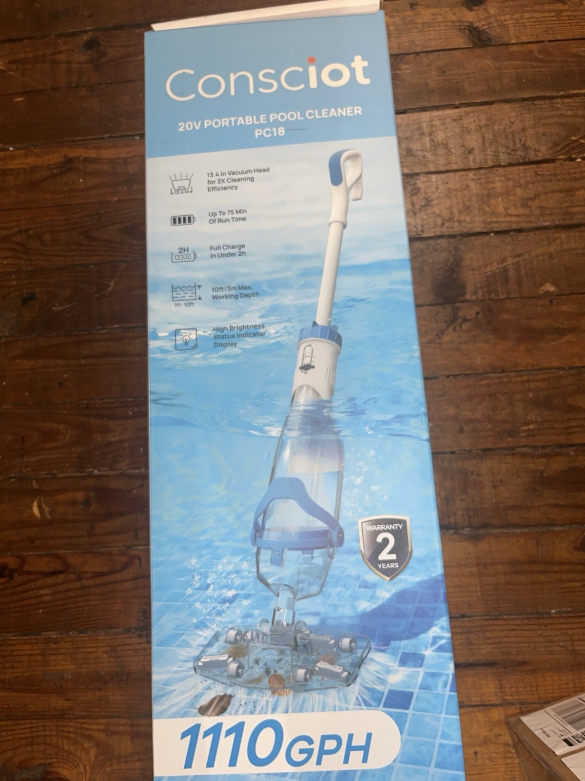 Consciot Cordless Rechargeable Pool Vacuum, Telescopic Pole, 1110 GPH, 1hr