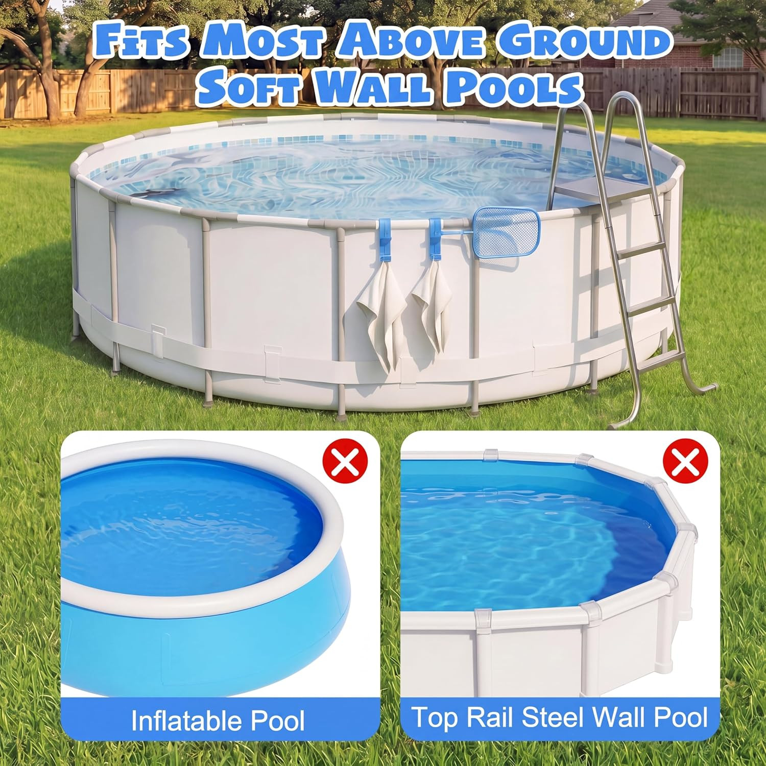 4 Pack Pool Pole Hanger with 3 Hooks, Adjustable Poolside Organizer for above Gr
