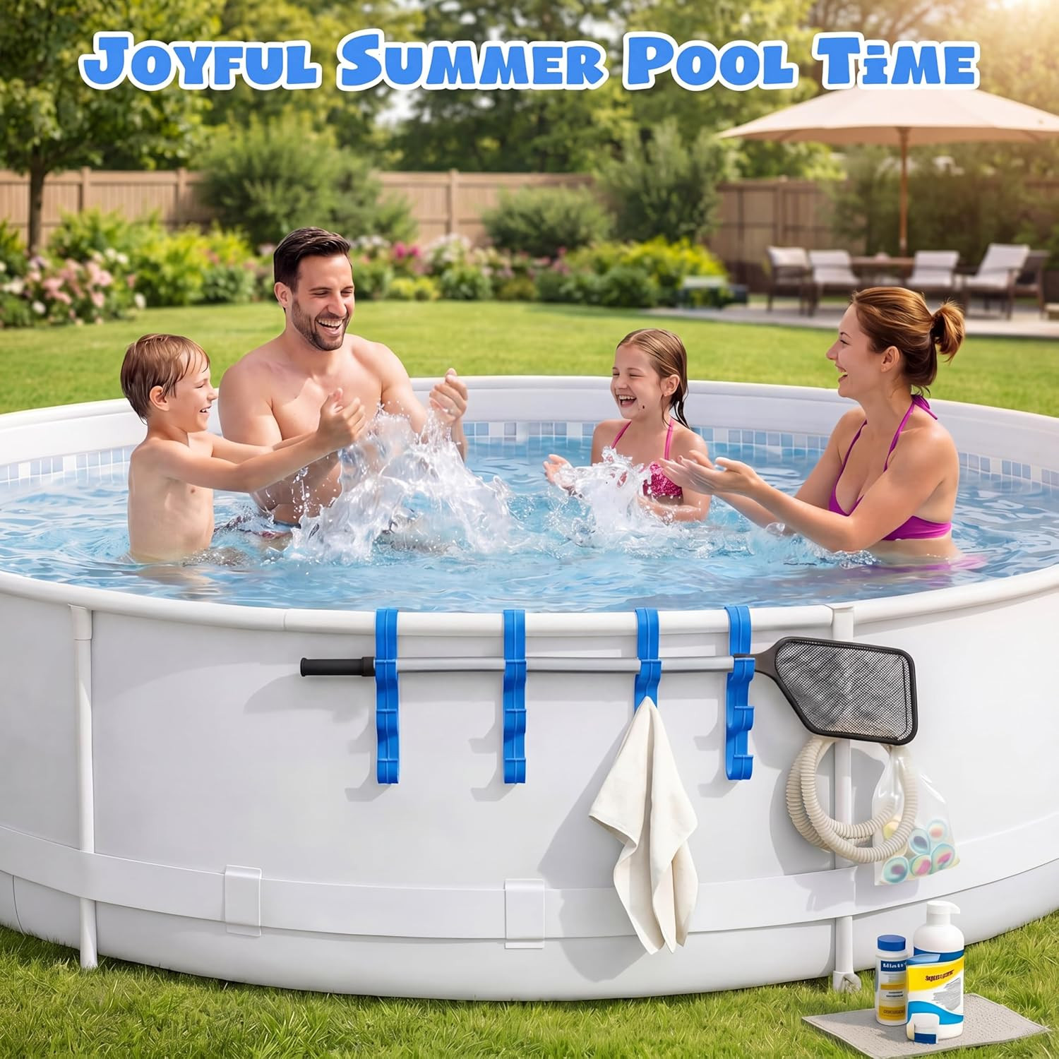 2 Pack Pool Pole Hanger with 3 Hooks, Adjustable Poolside Organizer for above Gr