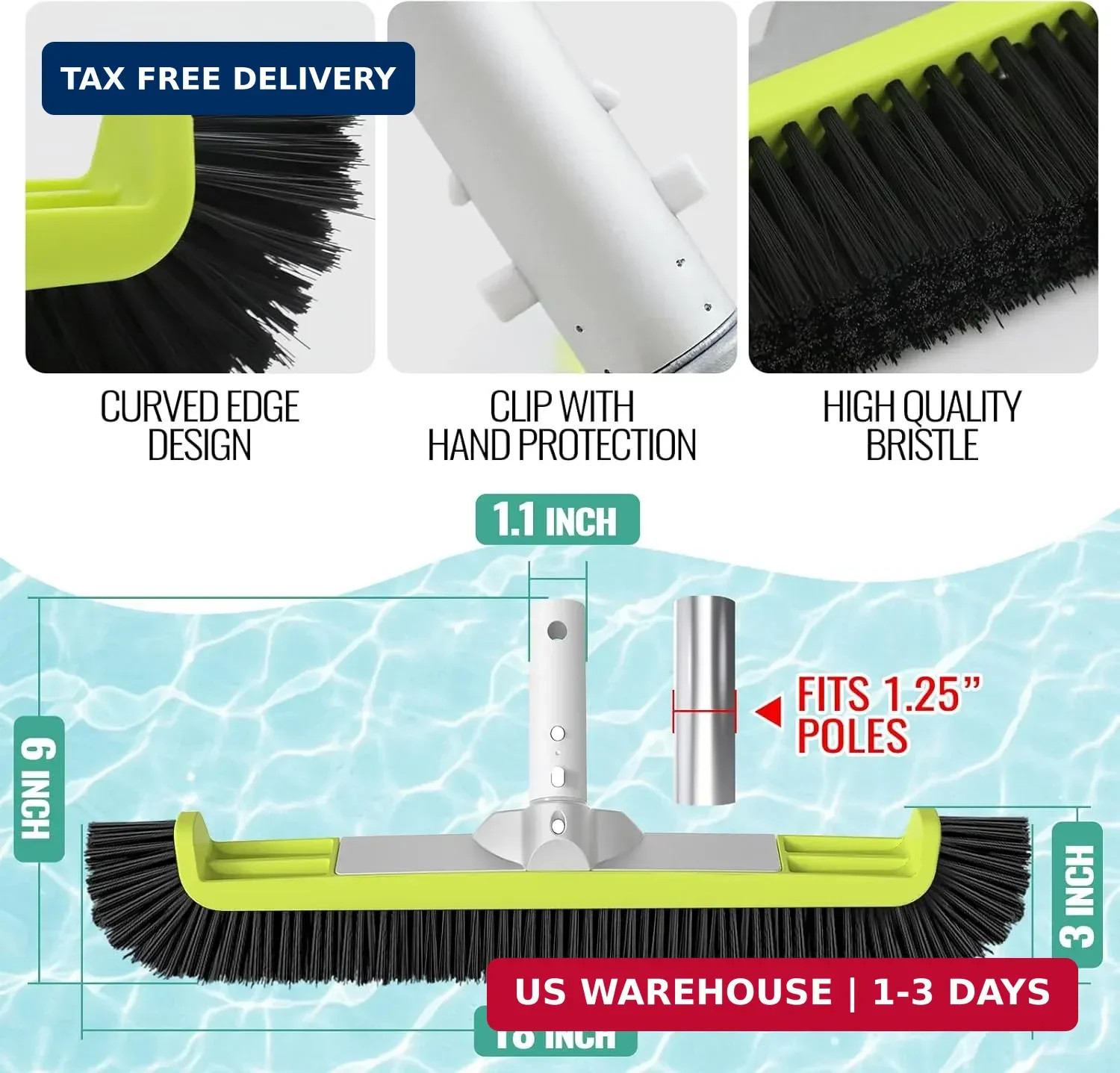 18&Prime; Pool Brush Head for Cleaning Swimming Walls,Curved Ends Scrub Brush Black US