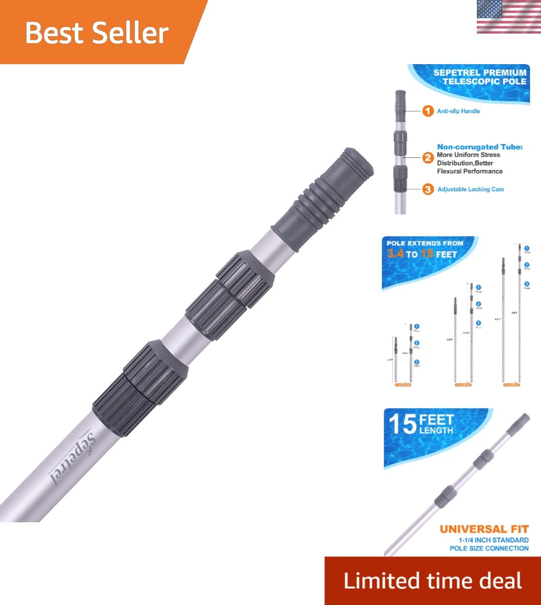 Professional 15 FT Adjustable Pool Pole for Skimmer, Brush & Vacuum Tools