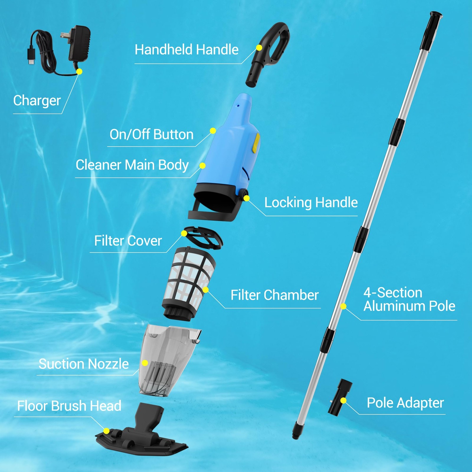 Hushlight Handheld Pool Vacuum For Above Ground Pool 4-Section Detachable Pole
