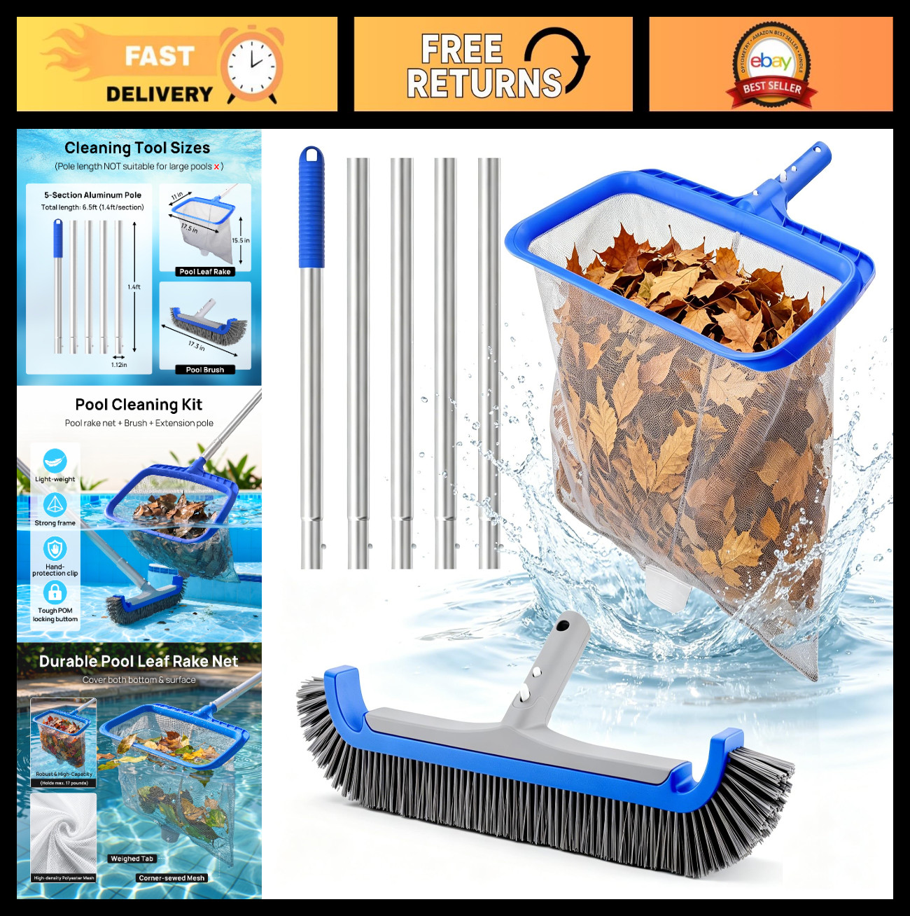 3-in-1 Pool Cleaning Kit – Leaf Rake, Wall Brush & Pole for Easy Maintenance – A