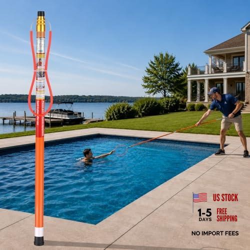 15FT Telescopic Pool Rescue Pole with Safety Hook, Fiberglass Water Safety
