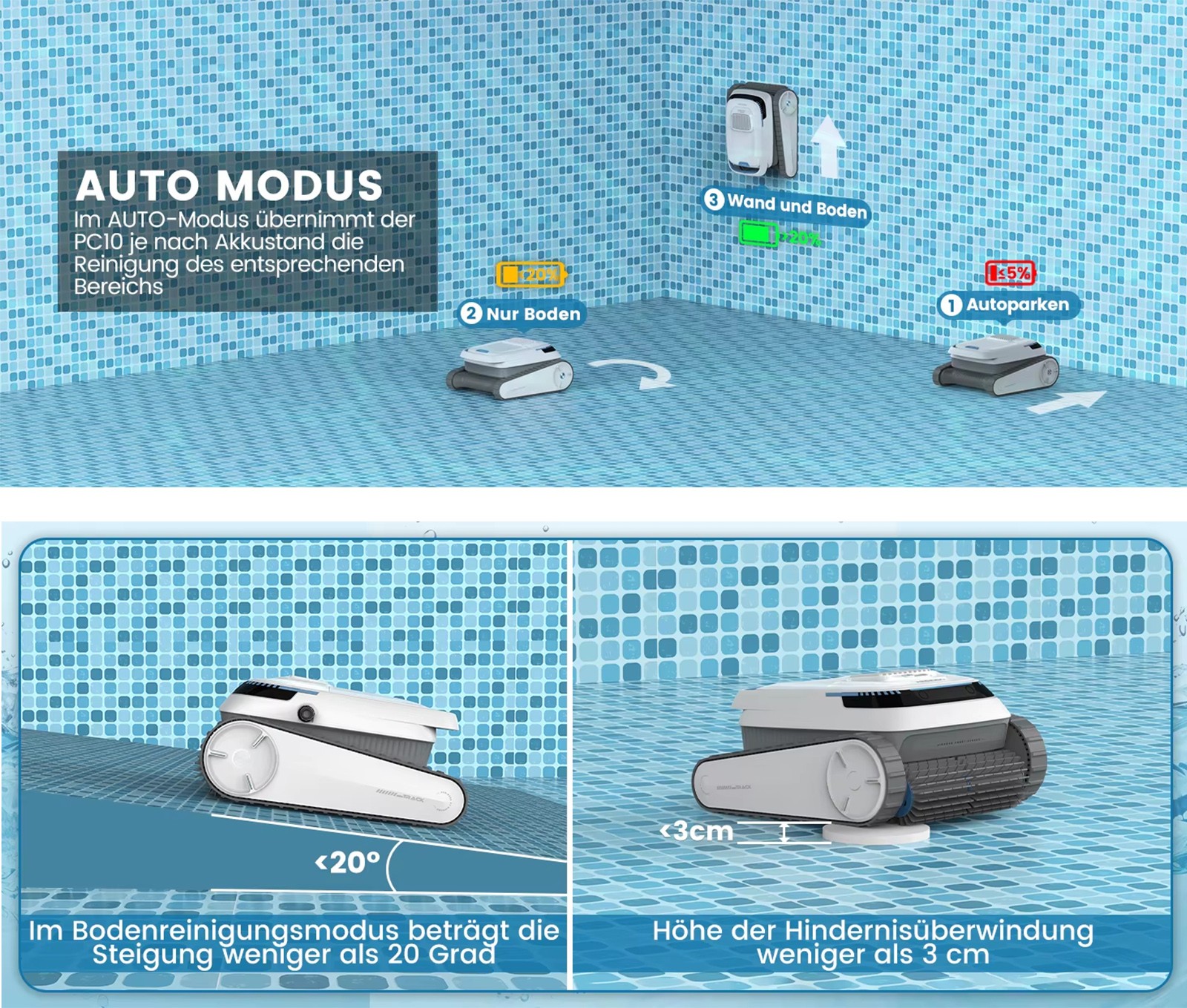 Cordless Robotic Pool Cleaner Wall Climbing Floor Waterline 120Min 4L Filter