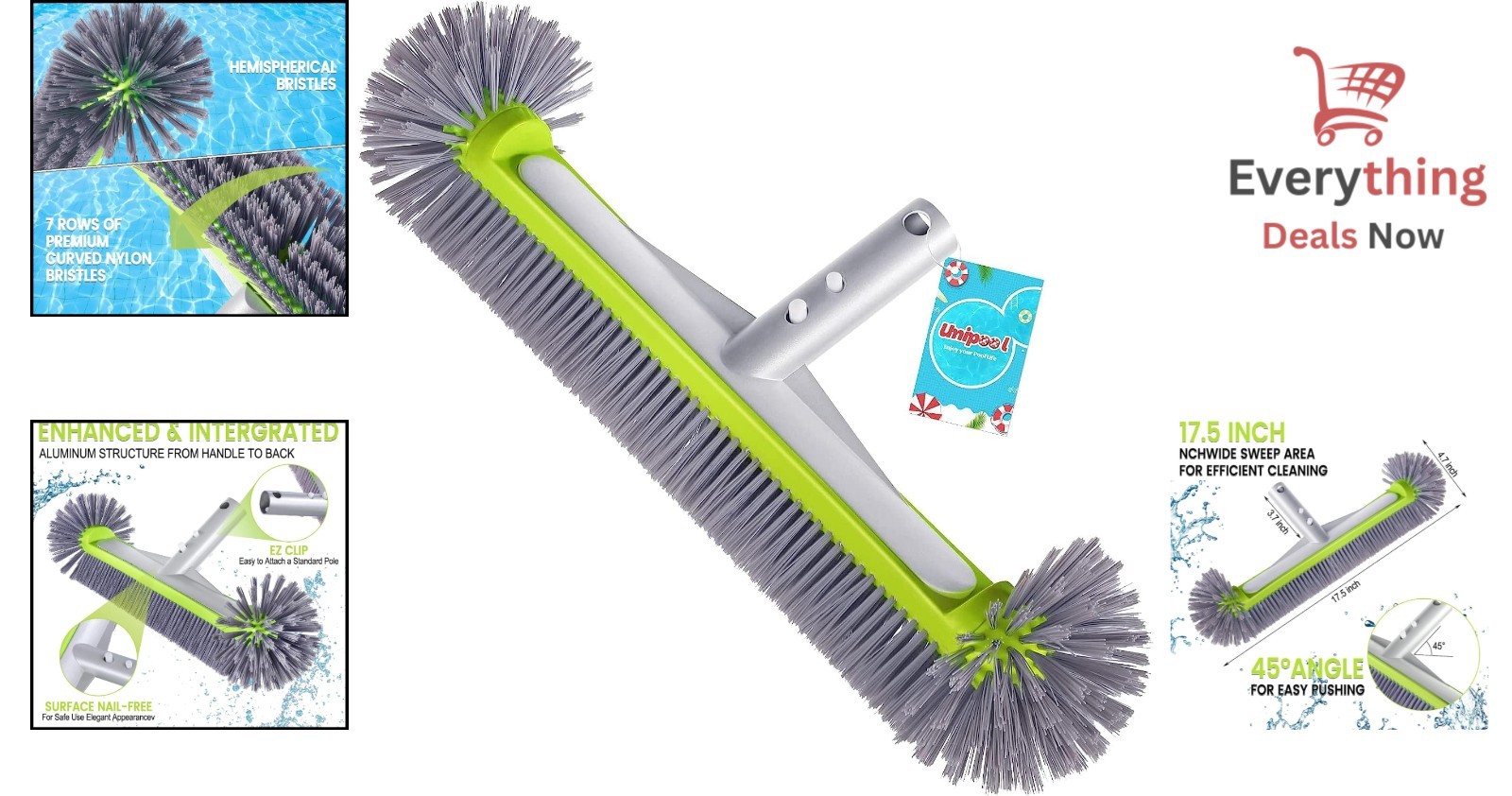 17.5&Prime; Pool Brush Head Heavy Duty Aluminum 7-Row Nylon Bristles Round End EZ Clip