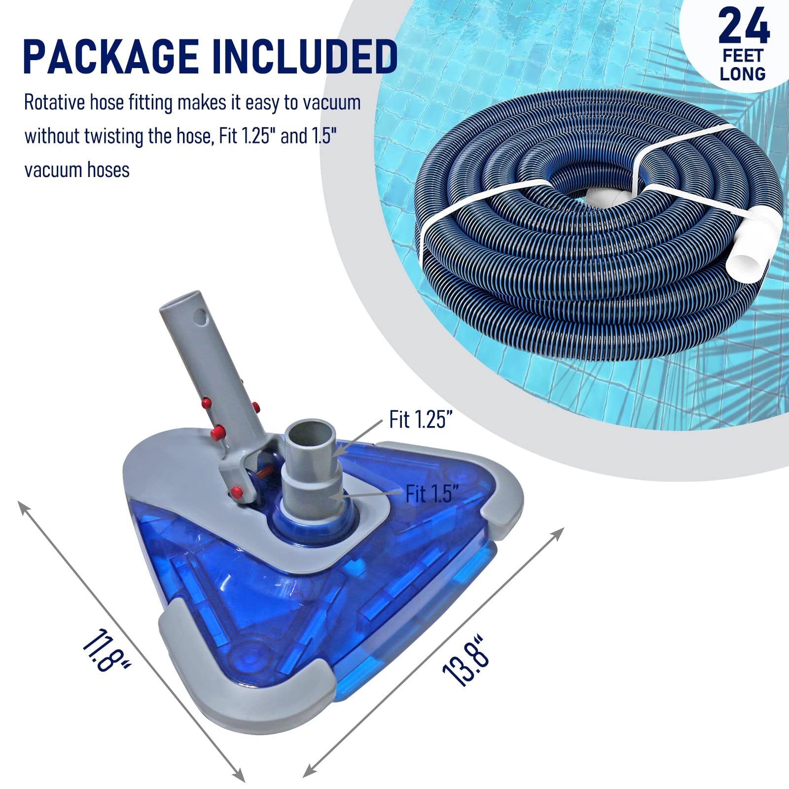 POOLWHALE Professional 1-1/2-Inch x 24-Feet Swimming 24ft Hose with Vac Head
