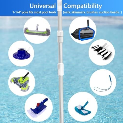Pool Pole Telescopic, 16 FT Pool Skimmer Pole, Adjustable 3 Piece Aluminum Po…