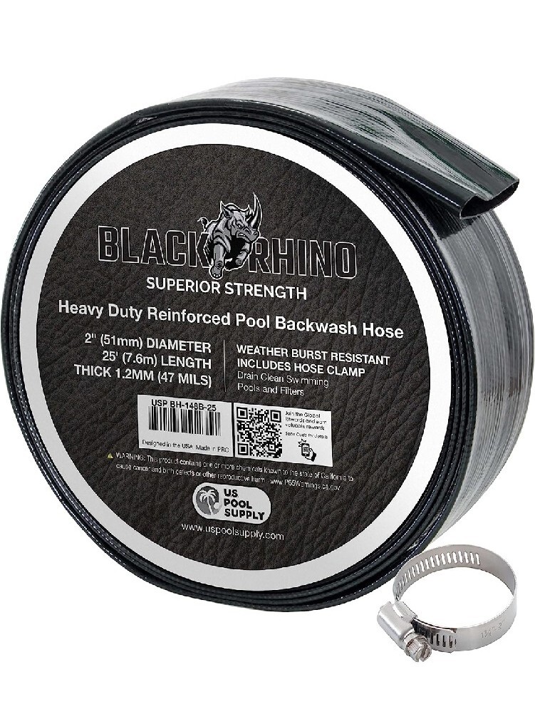 Black Rhino Pool Backwash Hose Superior Strength Heavy Duty Clamp 2&Prime; x 25&prime;