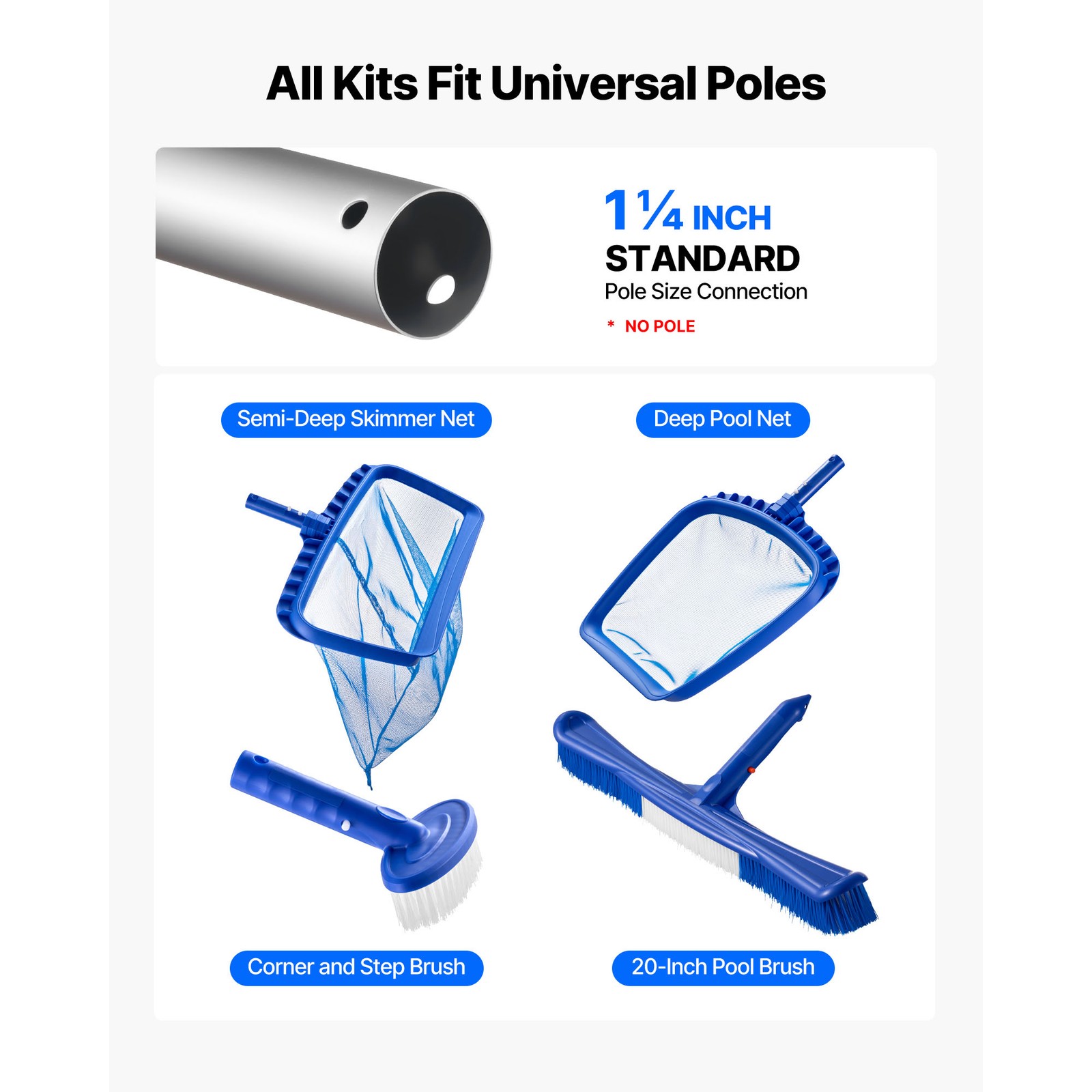 Uimoso Swimming Pool Cleaning Set with Skimmer Net, Rake, and Brush Attachments