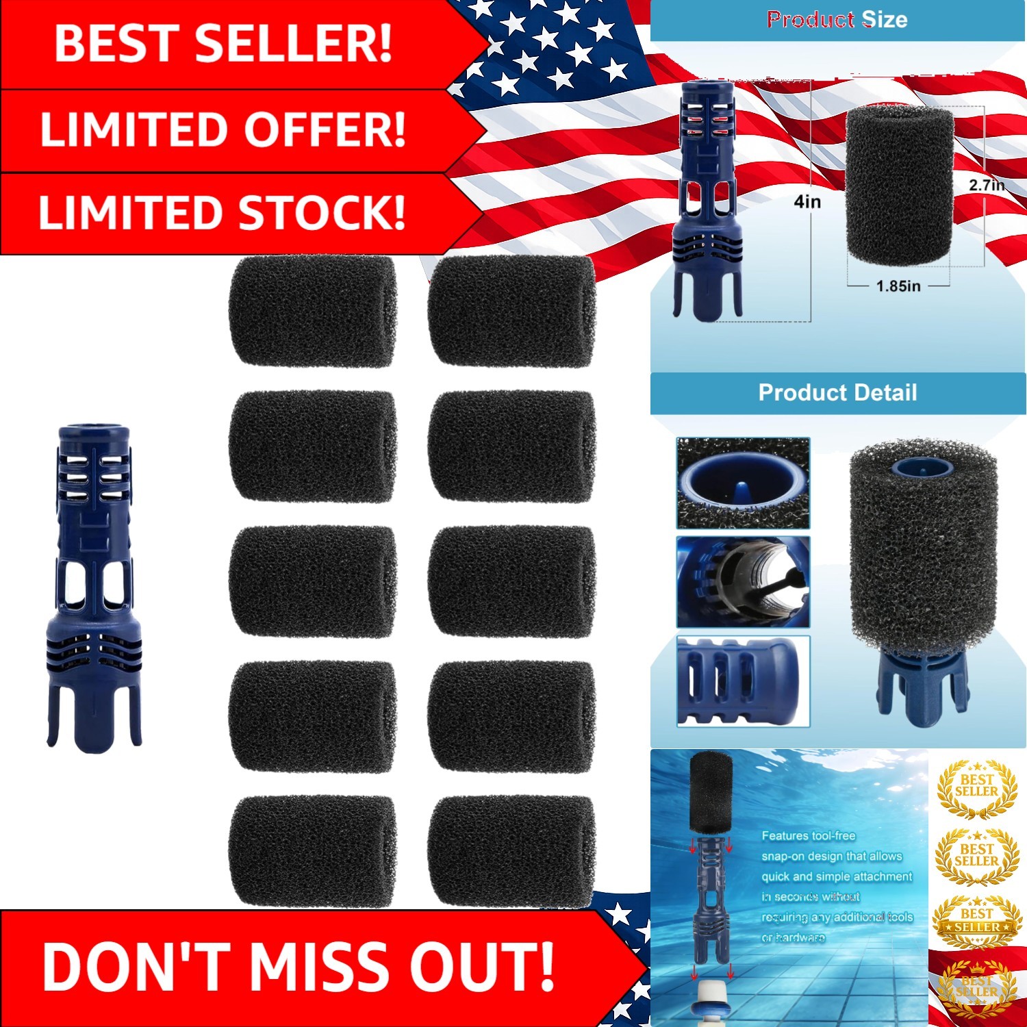 Quick Install Tail Sweep Pro & 10 Foam Scrubber Set for Polaris 180/280/380/360