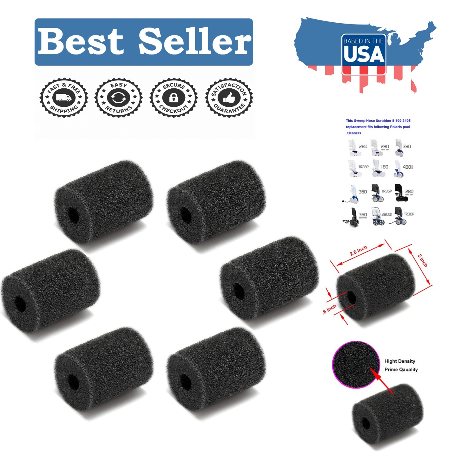 High Density 6-Pack Sweep Hose Scrubbers for Polaris Pool Cleaners 9-100-3105