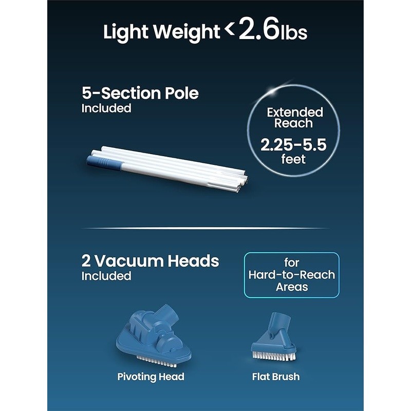 Lightweight Handheld Pool Vacuum 60min Runtime IPX8 Waterproof Debris Cleaner US