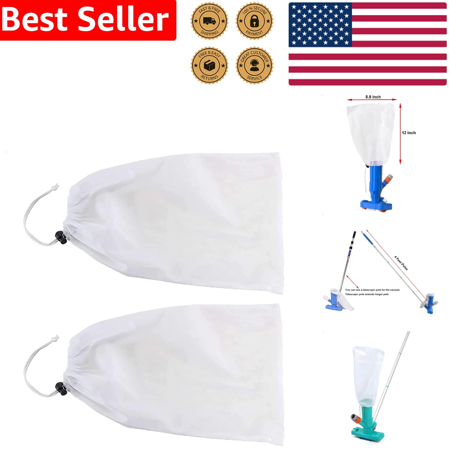 Jet Pool Cleaner Fine Mesh Bags 2PK Portable Efficient Replacement Part Secure