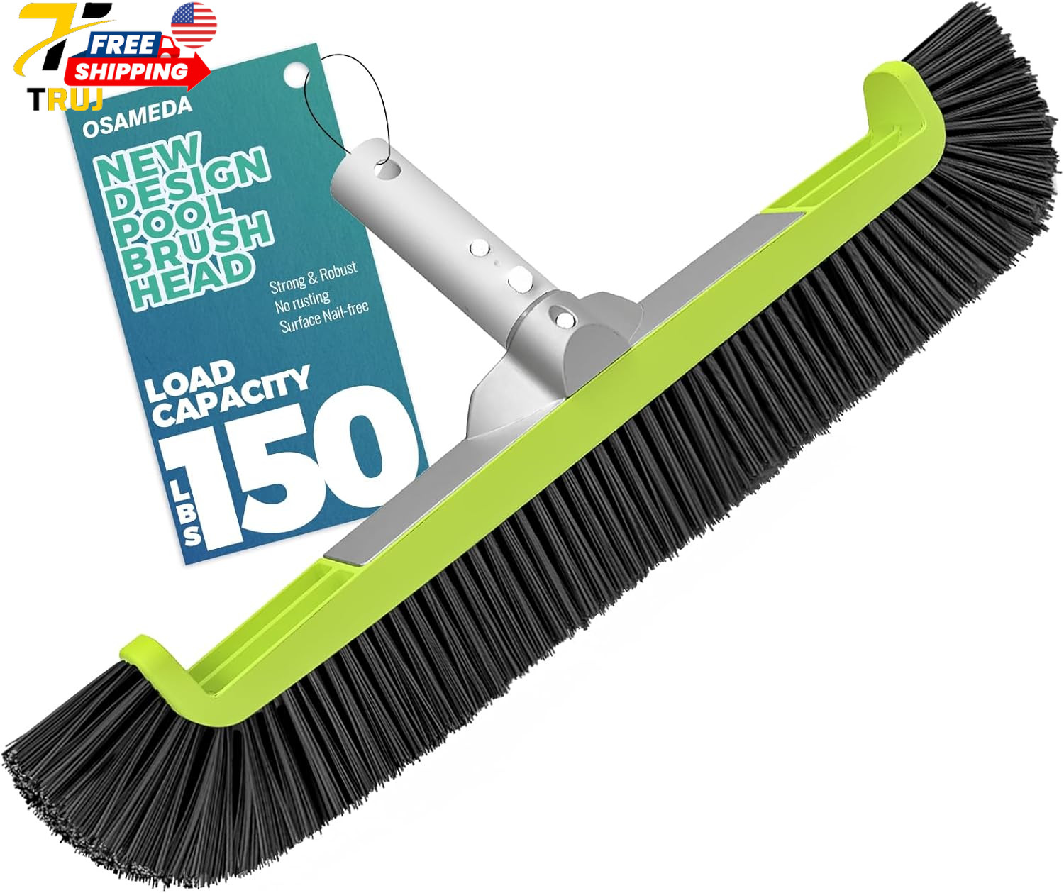 18&Prime; Pool Brush Head for Cleaning Swimming Walls Curved Ends Scrub Brush Black