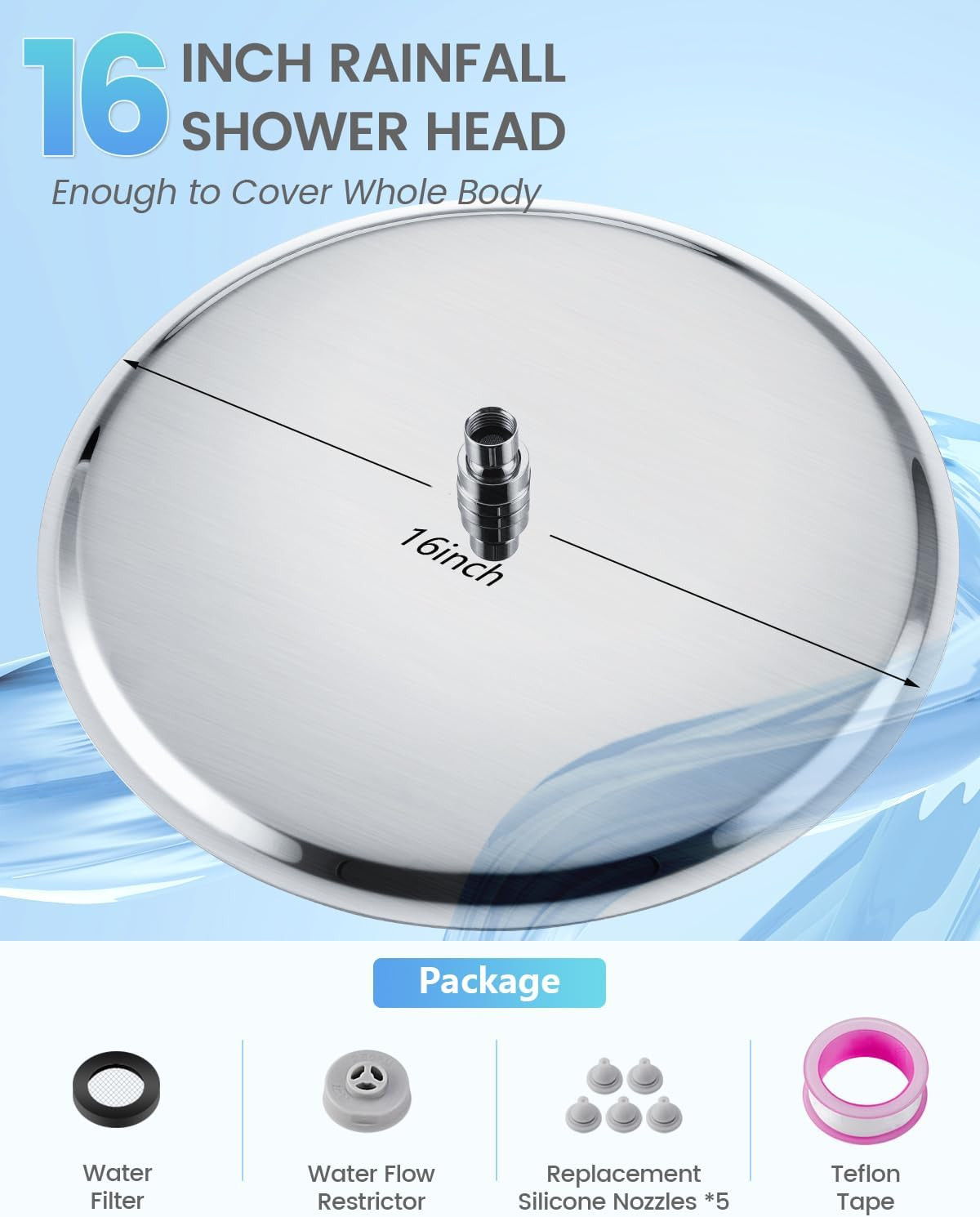16&Prime; Brushed Nickel Rainfall Shower Head – All Metal with 230 Nozzles