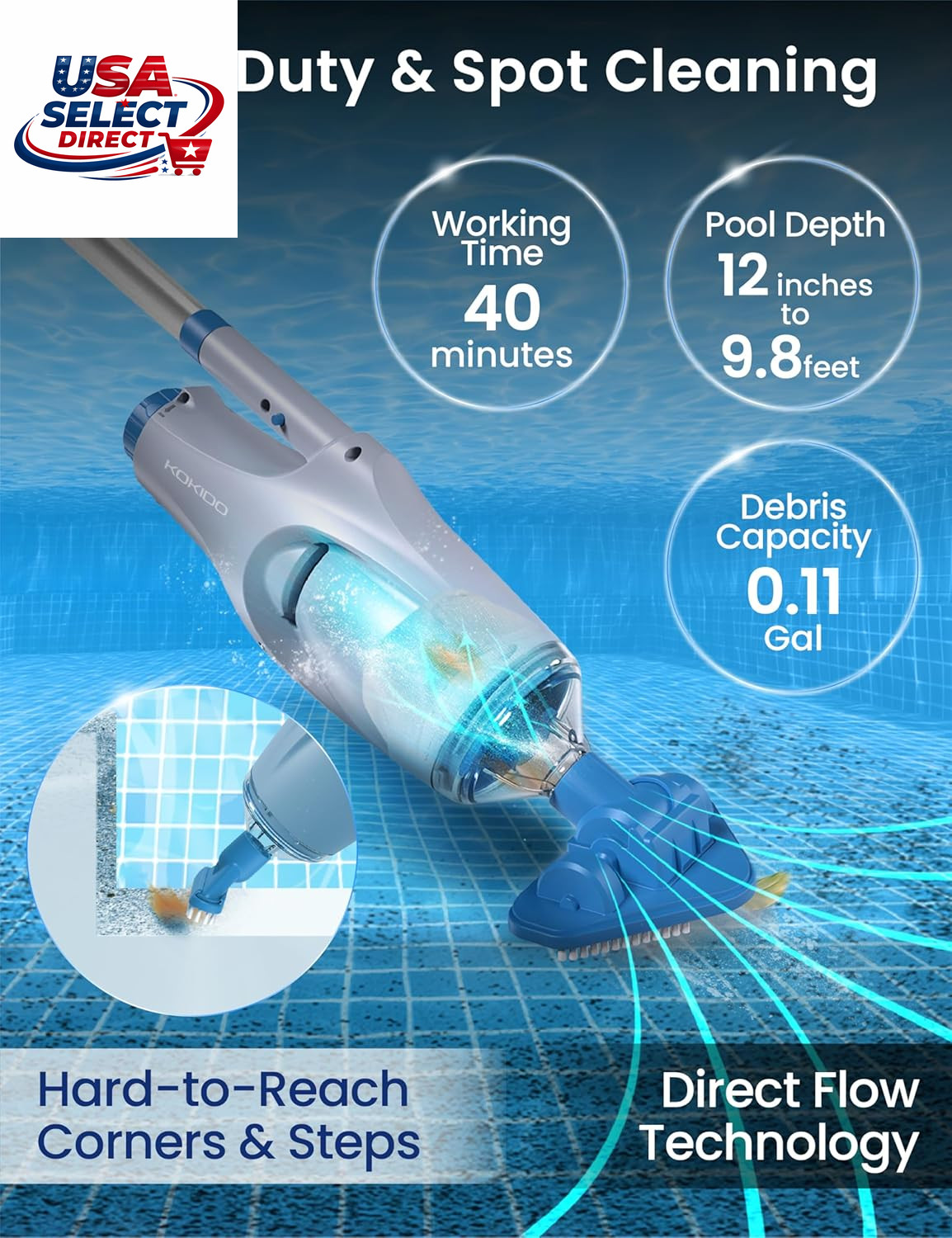 Cordless Handheld Pool Vacuum with 6Ft Pole & 2 Brush Heads