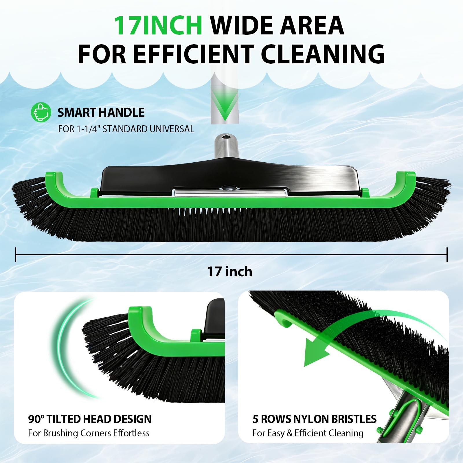 17&Prime; Pool Brush for Inground & Above Ground – Efficient Wall & Floor Cleaning