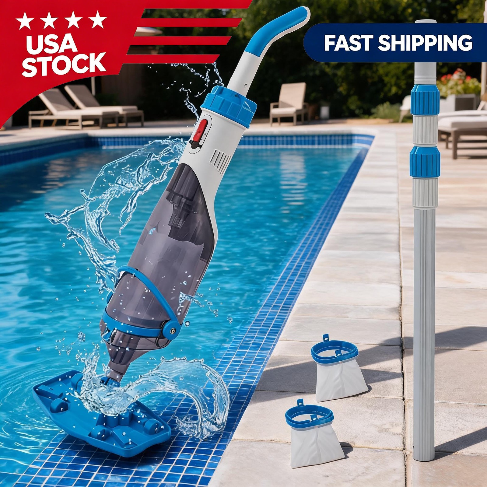 Rechargeable Handheld Swimming Pool Cleaner Pool Vacuum with Telescopic Pole New