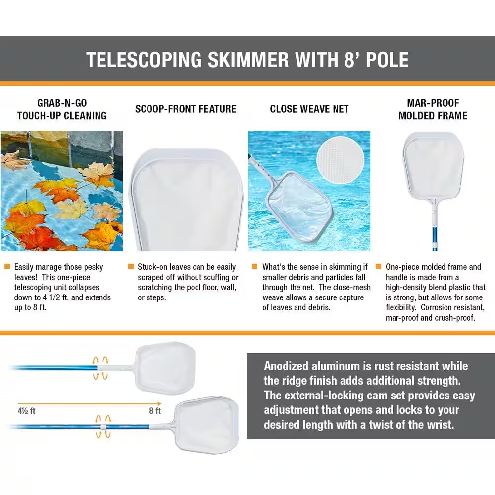 Swimming Pool and Spa Skimmer with 4Ft. to 8Ft. Telescoping Pole