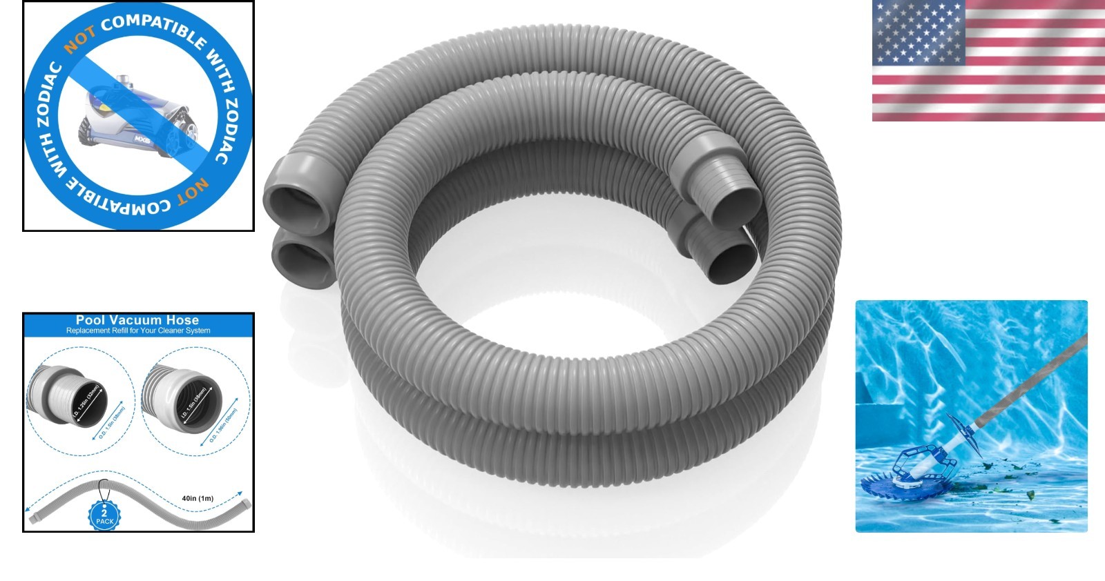 Spiral Wound Pool Vacuum Hose 40 Inch 2 Pack Gray Strong Lightweight Material