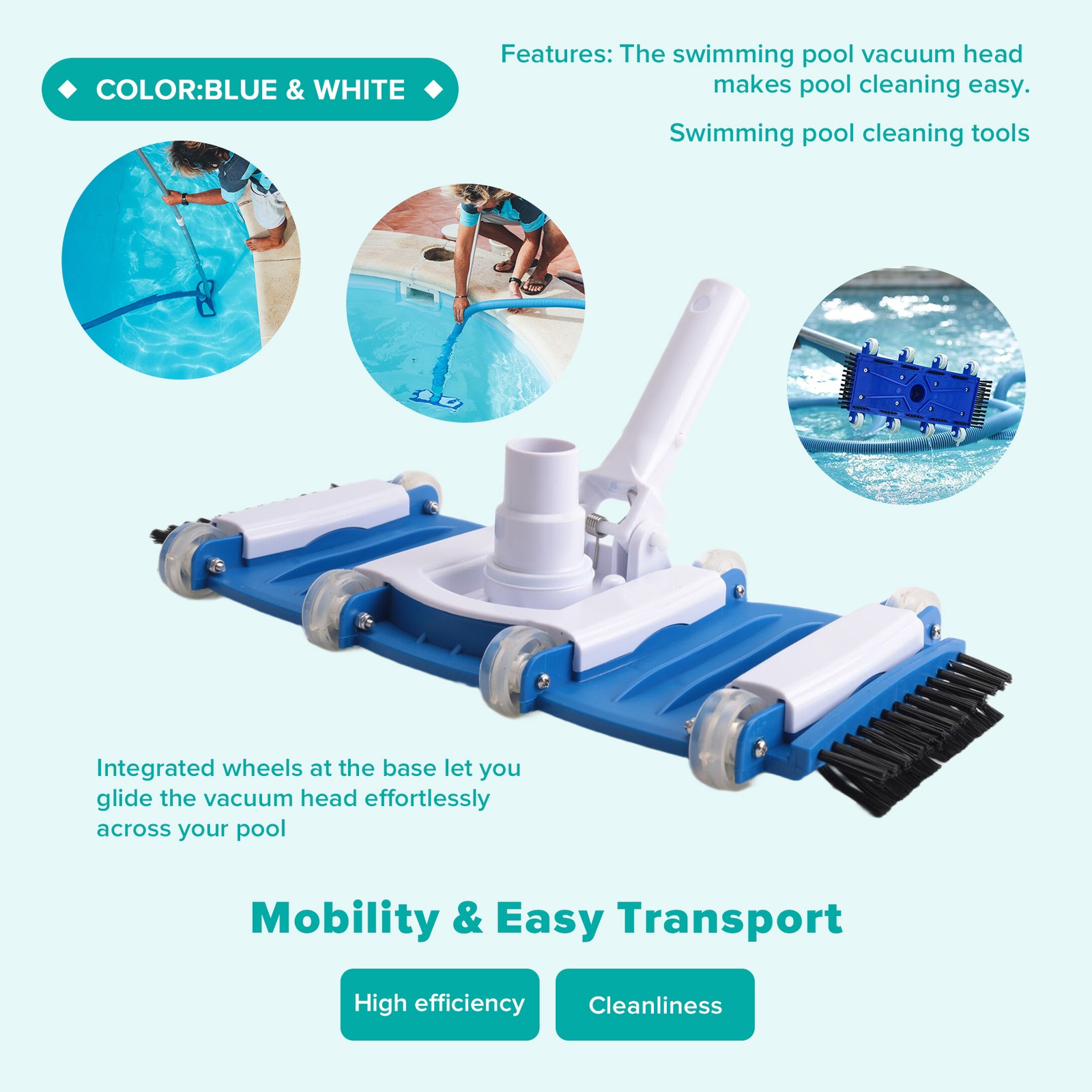 Side Brushed Pool Vacuum Head with Wheels and Swivel Handle Hose Connection3268
