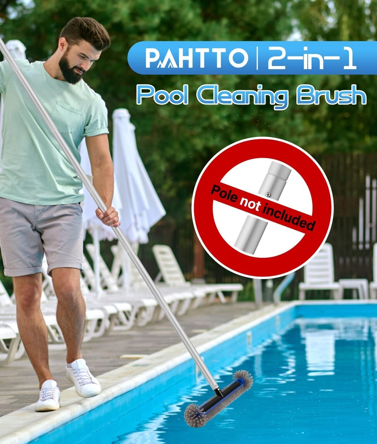 17.4 » Pool Brush Head with Aluminum Handle for Walls, Steps, Corners
