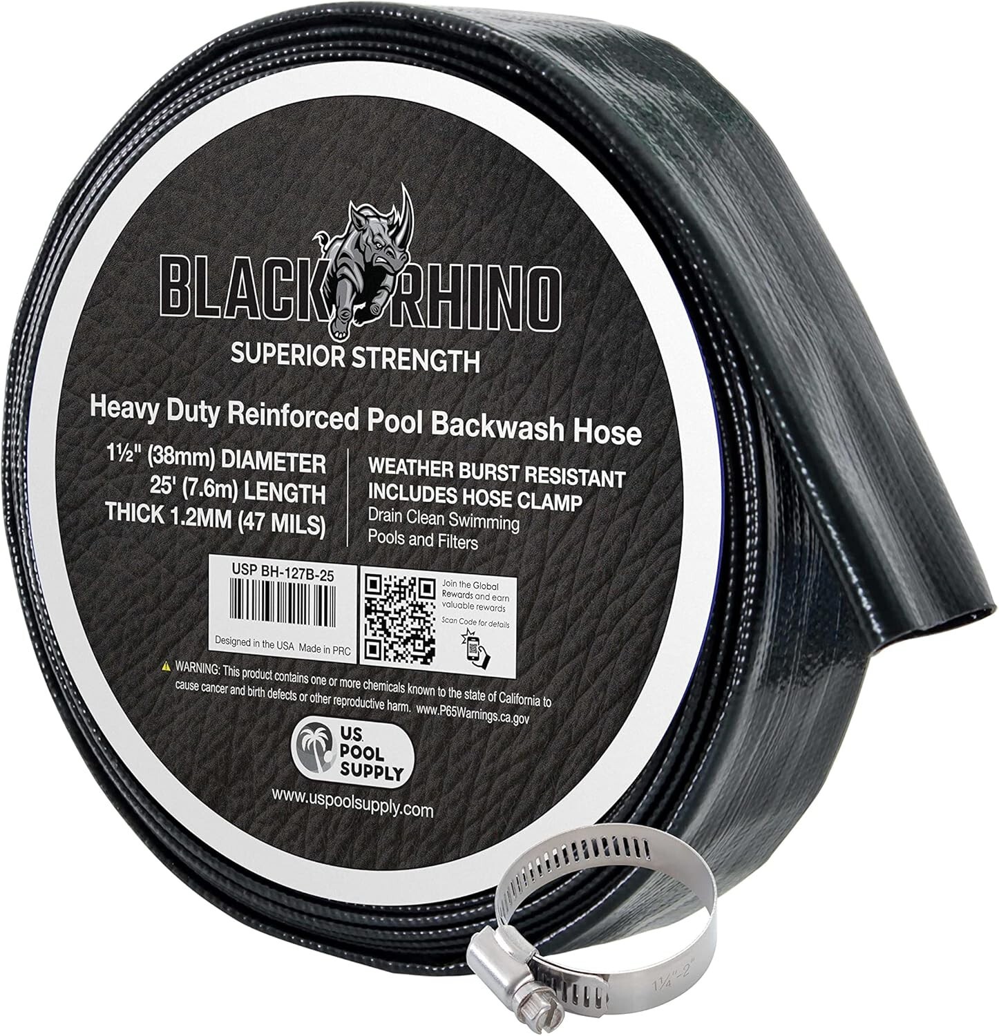 U.S. Pool Supply Black Rhino 1-1/2&Prime; x 25&prime; Pool Backwash Hose with Hose Clamp